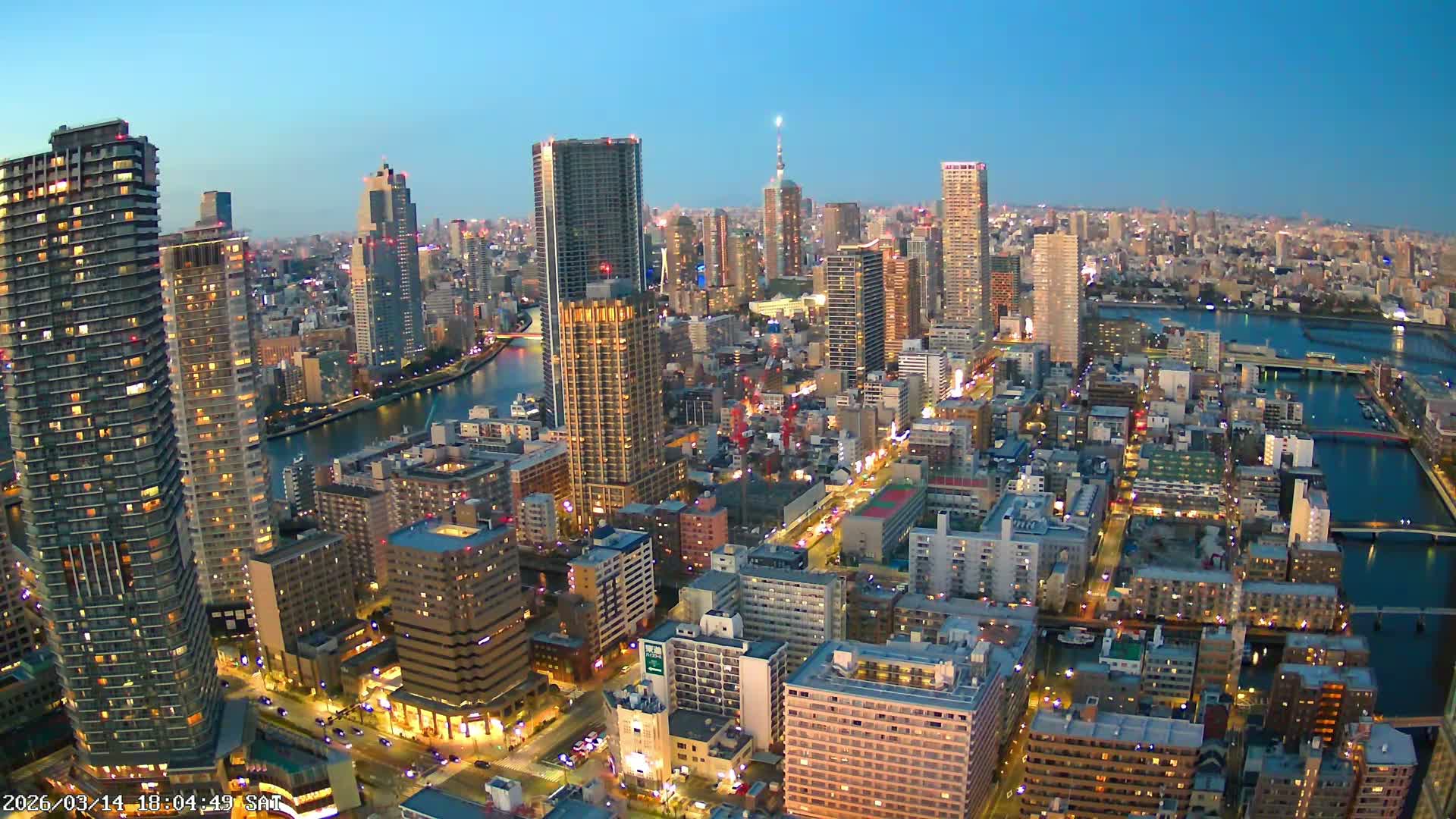 Tokyo, Kachidoki, Sumida River & Tokyo Downtown Skyline towards North View from Kachidoki ( 東京、勝どき、隅田川、北に向かう東京の下町のスカイライン 勝どきからの眺め )Live Cam - 4 Chome, Kachidoki, Chuo ku, Tokyo, Kantō, Honshu, Japan