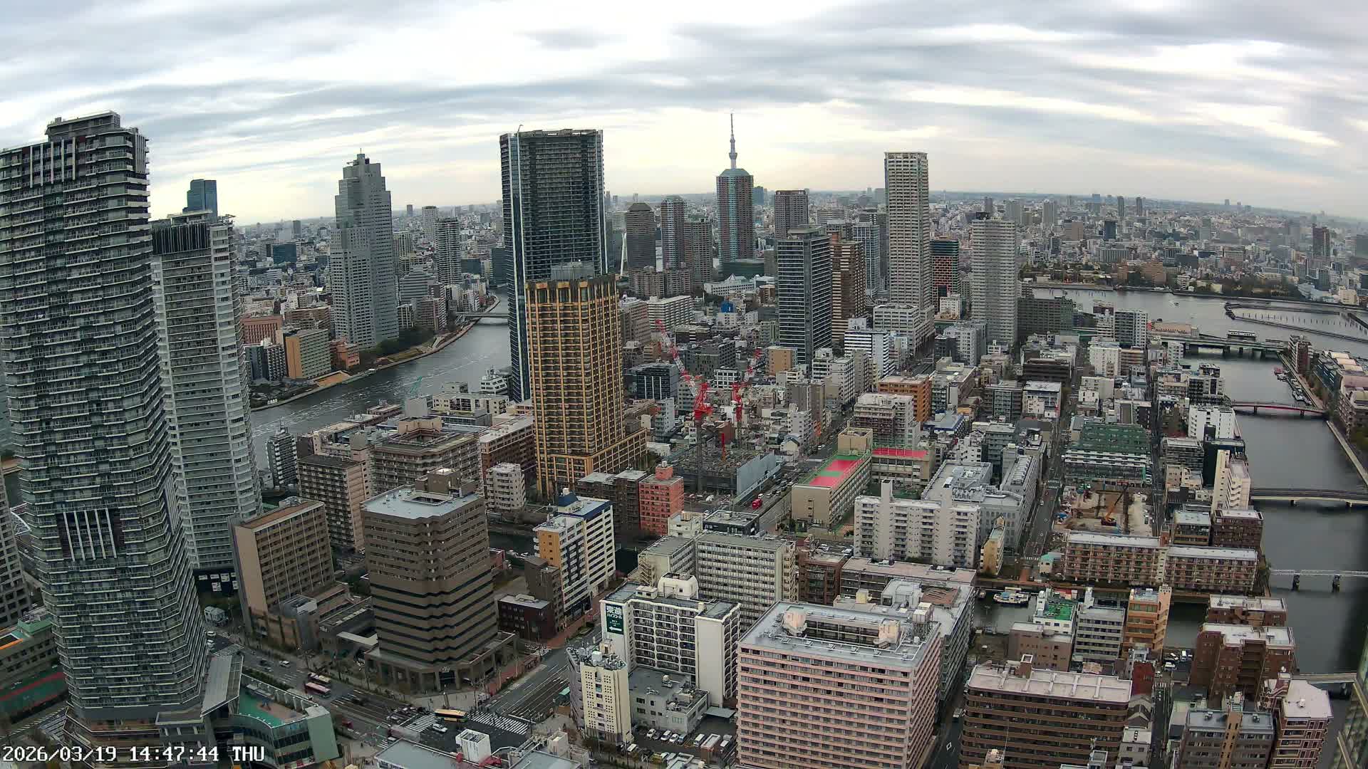 Tokyo, Kachidoki, Sumida River & Tokyo Downtown Skyline towards North View from Kachidoki ( 東京、勝どき、隅田川、北に向かう東京の下町のスカイライン 勝どきからの眺め )Live Cam - 4 Chome, Kachidoki, Chuo ku, Tokyo, Kantō, Honshu, Japan