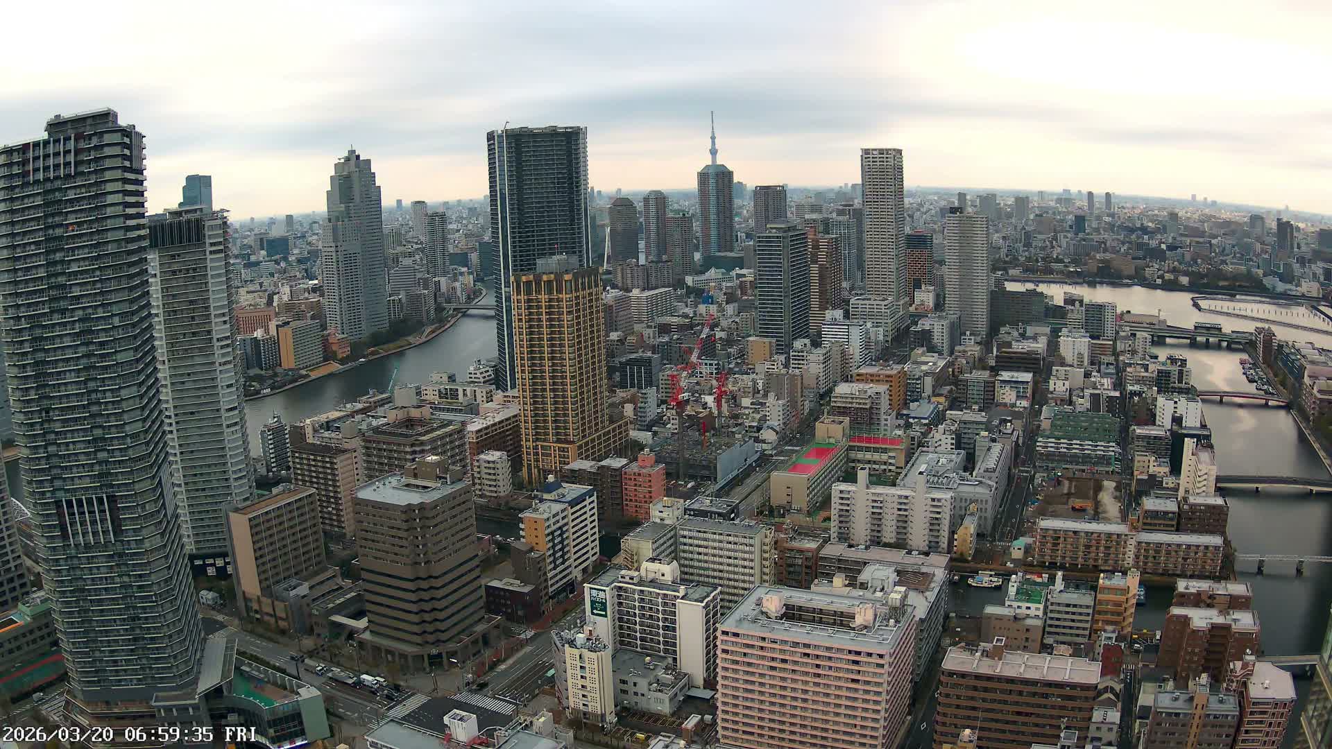 Tokyo, Kachidoki, Sumida River & Tokyo Downtown Skyline towards North View from Kachidoki ( 東京、勝どき、隅田川、北に向かう東京の下町のスカイライン 勝どきからの眺め )Live Cam - 4 Chome, Kachidoki, Chuo ku, Tokyo, Kantō, Honshu, Japan