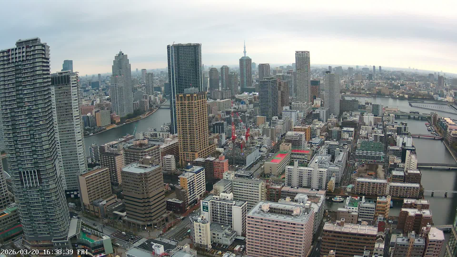 Tokyo, Kachidoki, Sumida River & Tokyo Downtown Skyline towards North View from Kachidoki ( 東京、勝どき、隅田川、北に向かう東京の下町のスカイライン 勝どきからの眺め )Live Cam - 4 Chome, Kachidoki, Chuo ku, Tokyo, Kantō, Honshu, Japan