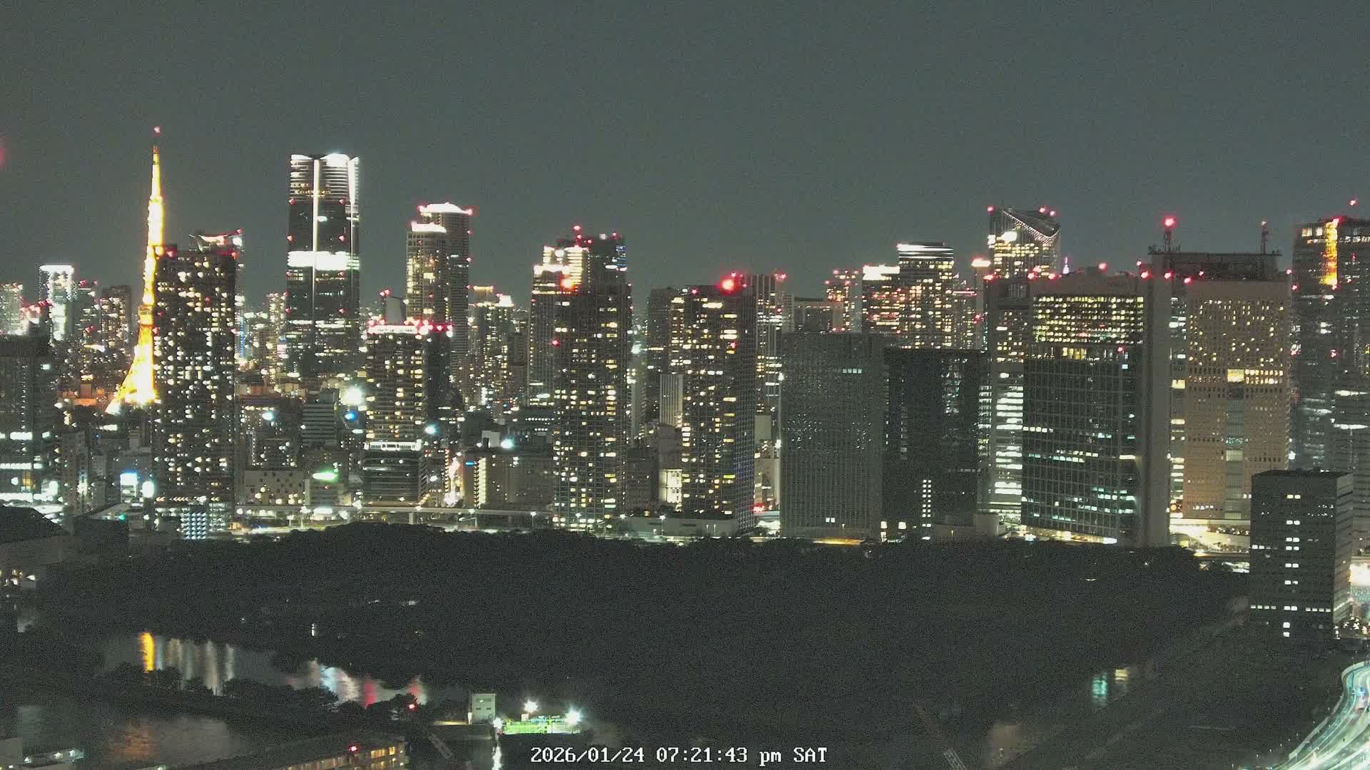 Tokyo, Tokyo Tower / Hama-rikyu Gardens & Minato Skyline View from Kachidoki ( 東京、東京タワー/浜離宮恩賜庭園と勝どきからの港スカイラインの眺め ) Live Cam- 5 Chome, Kachidoki, Chuo ku, Tokyo, Kantō, Honshu, Japan