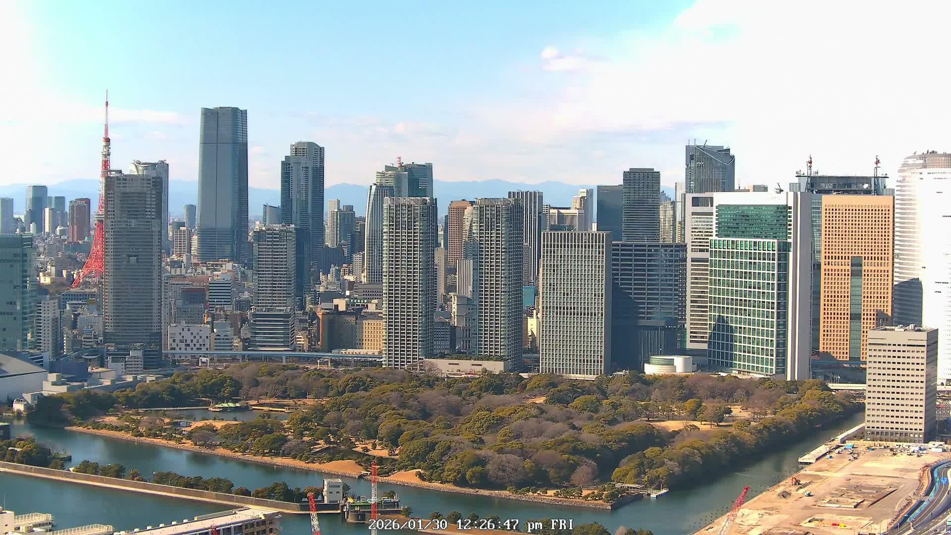 Tokyo, Tokyo Tower / Hama-rikyu Gardens & Minato Skyline View from Kachidoki ( 東京、東京タワー/浜離宮恩賜庭園と勝どきからの港スカイラインの眺め ) Live Cam- 5 Chome, Kachidoki, Chuo ku, Tokyo, Kantō, Honshu, Japan
