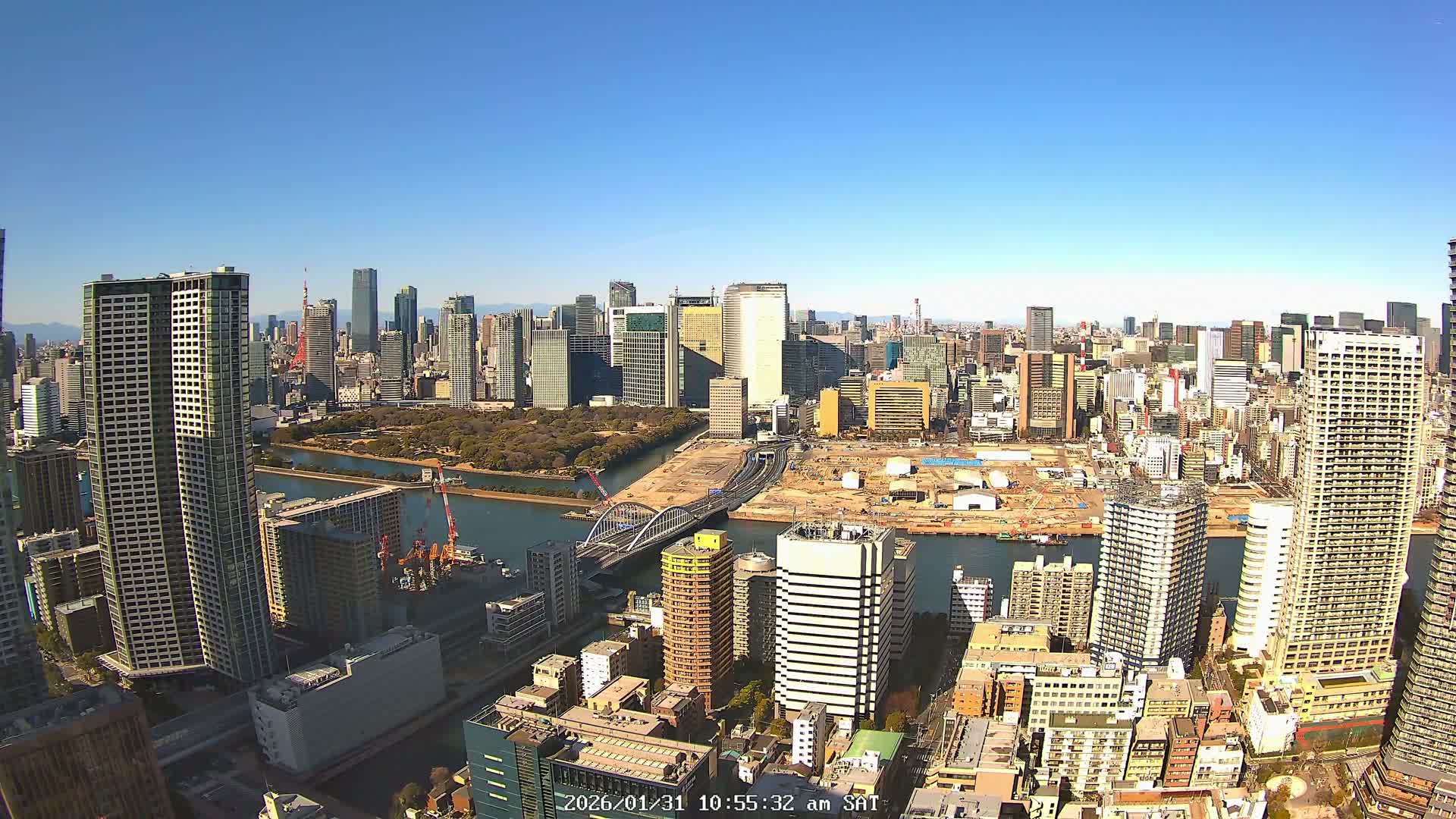 Tokyo, Tokyo Tower / Hama-rikyu Gardens & Minato Skyline View from Kachidoki ( 東京、東京タワー/浜離宮恩賜庭園と勝どきからの港スカイラインの眺め ) Live Cam- 5 Chome, Kachidoki, Chuo ku, Tokyo, Kantō, Honshu, Japan