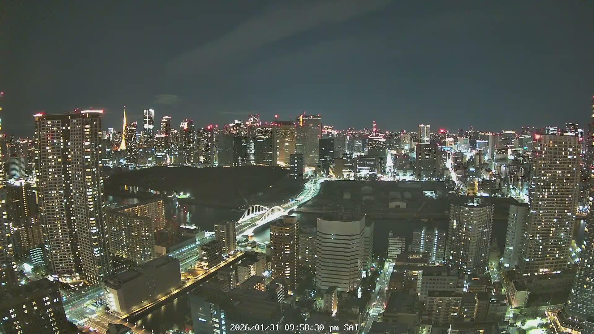 Tokyo, Tokyo Tower / Hama-rikyu Gardens & Minato Skyline View from Kachidoki ( 東京、東京タワー/浜離宮恩賜庭園と勝どきからの港スカイラインの眺め ) Live Cam- 5 Chome, Kachidoki, Chuo ku, Tokyo, Kantō, Honshu, Japan