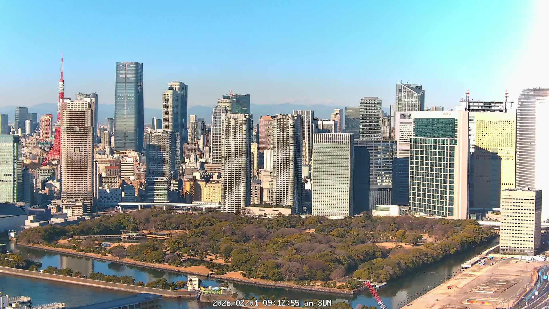 Tokyo, Tokyo Tower / Hama-rikyu Gardens & Minato Skyline View from Kachidoki ( 東京、東京タワー/浜離宮恩賜庭園と勝どきからの港スカイラインの眺め ) Live Cam- 5 Chome, Kachidoki, Chuo ku, Tokyo, Kantō, Honshu, Japan