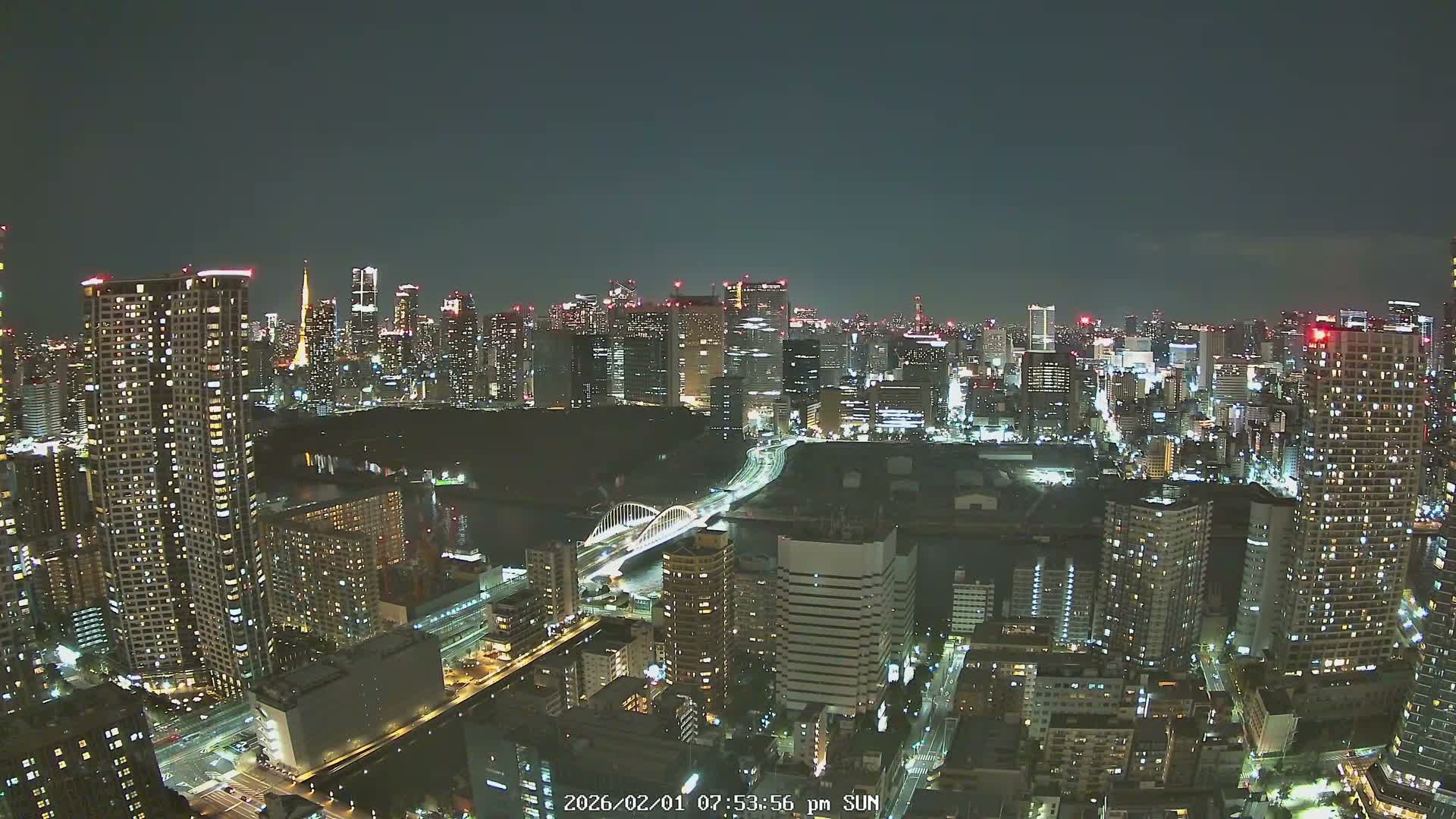 Tokyo, Tokyo Tower / Hama-rikyu Gardens & Minato Skyline View from Kachidoki ( 東京、東京タワー/浜離宮恩賜庭園と勝どきからの港スカイラインの眺め ) Live Cam- 5 Chome, Kachidoki, Chuo ku, Tokyo, Kantō, Honshu, Japan