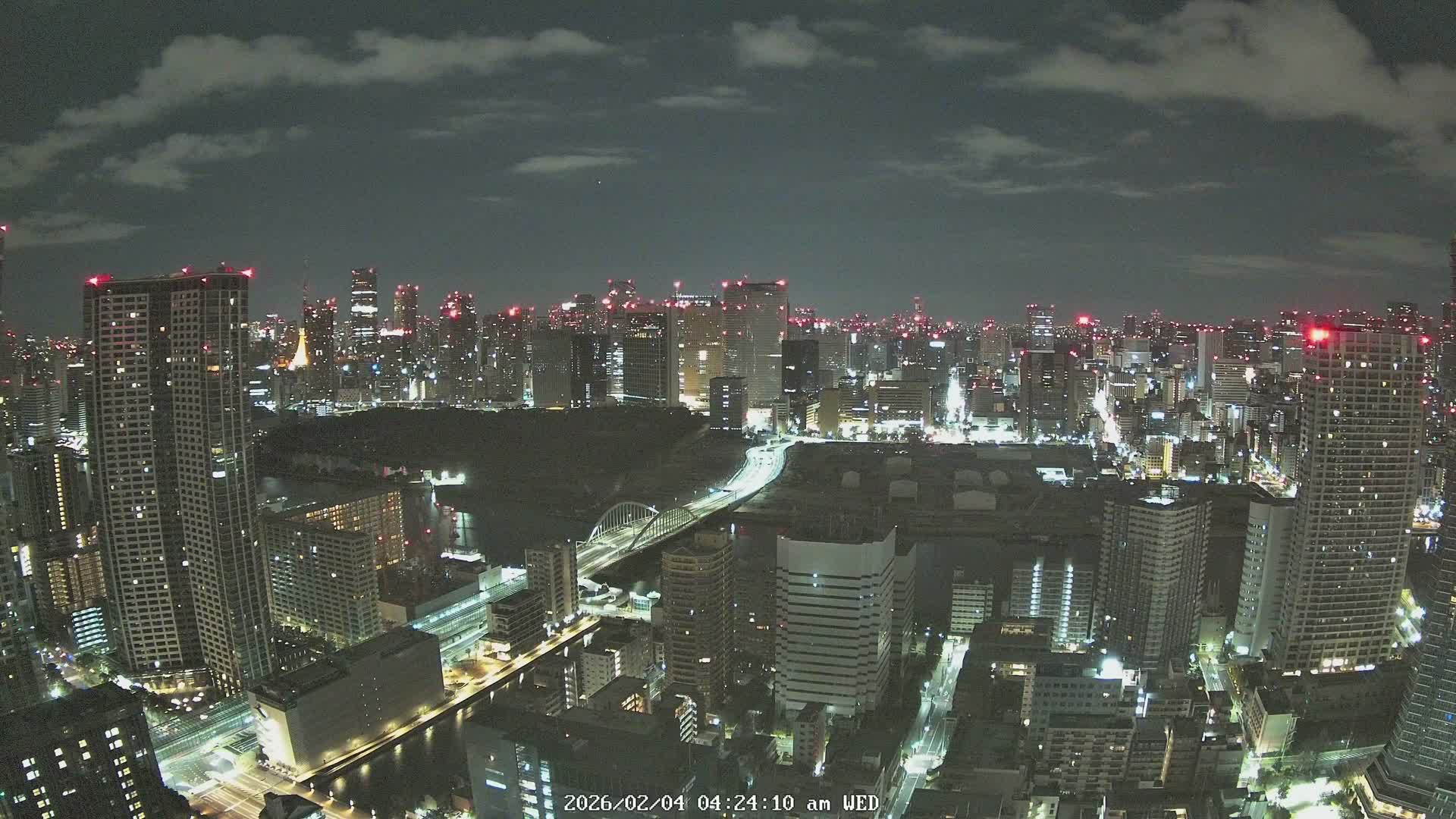 Tokyo, Tokyo Tower / Hama-rikyu Gardens & Minato Skyline View from Kachidoki ( 東京、東京タワー/浜離宮恩賜庭園と勝どきからの港スカイラインの眺め ) Live Cam- 5 Chome, Kachidoki, Chuo ku, Tokyo, Kantō, Honshu, Japan