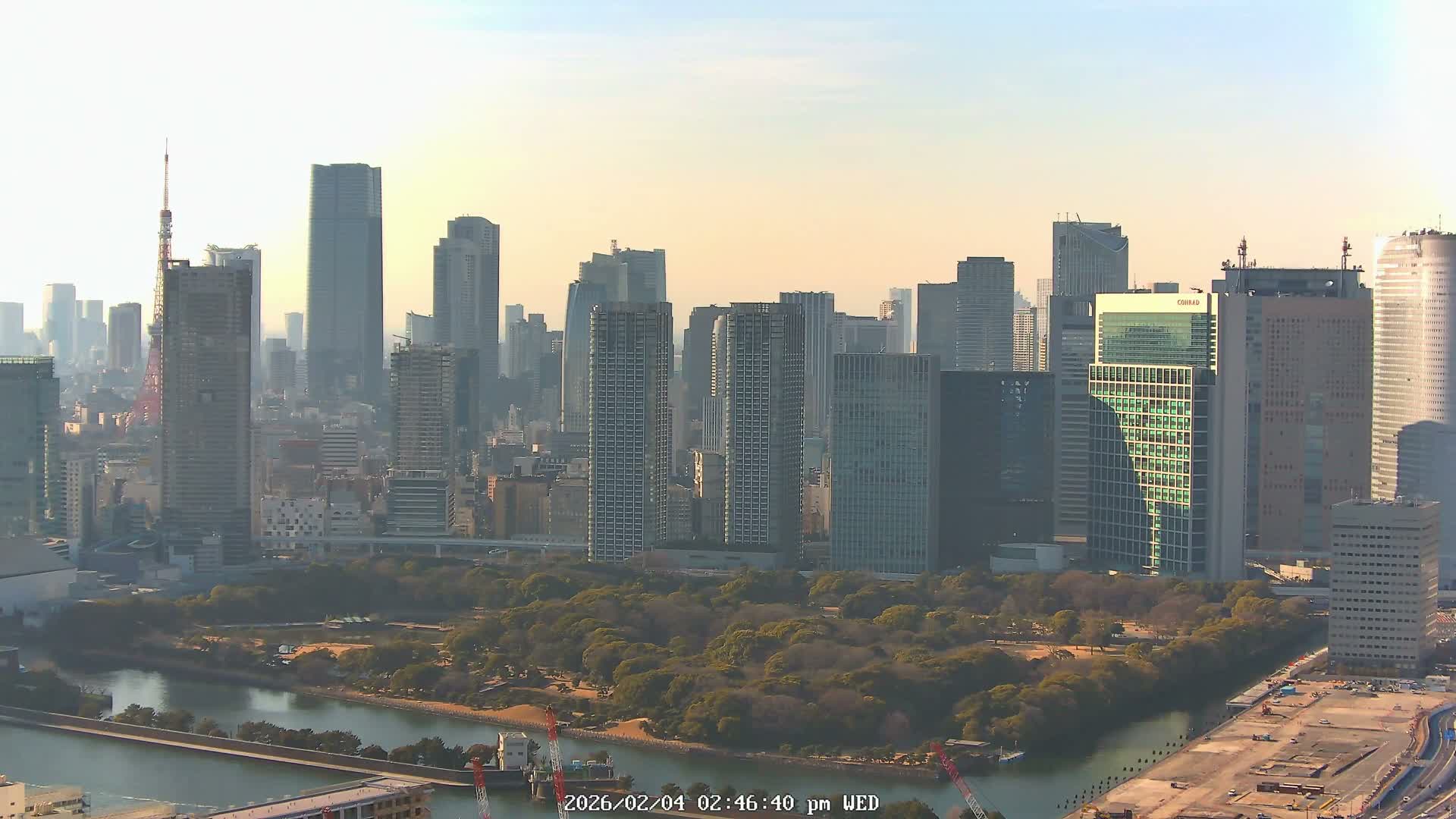Tokyo, Tokyo Tower / Hama-rikyu Gardens & Minato Skyline View from Kachidoki ( 東京、東京タワー/浜離宮恩賜庭園と勝どきからの港スカイラインの眺め ) Live Cam- 5 Chome, Kachidoki, Chuo ku, Tokyo, Kantō, Honshu, Japan