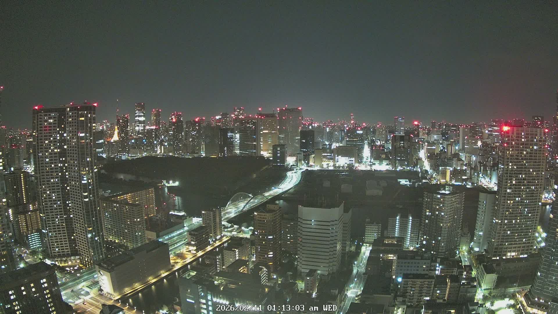Tokyo, Tokyo Tower / Hama-rikyu Gardens & Minato Skyline View from Kachidoki ( 東京、東京タワー/浜離宮恩賜庭園と勝どきからの港スカイラインの眺め ) Live Cam- 5 Chome, Kachidoki, Chuo ku, Tokyo, Kantō, Honshu, Japan