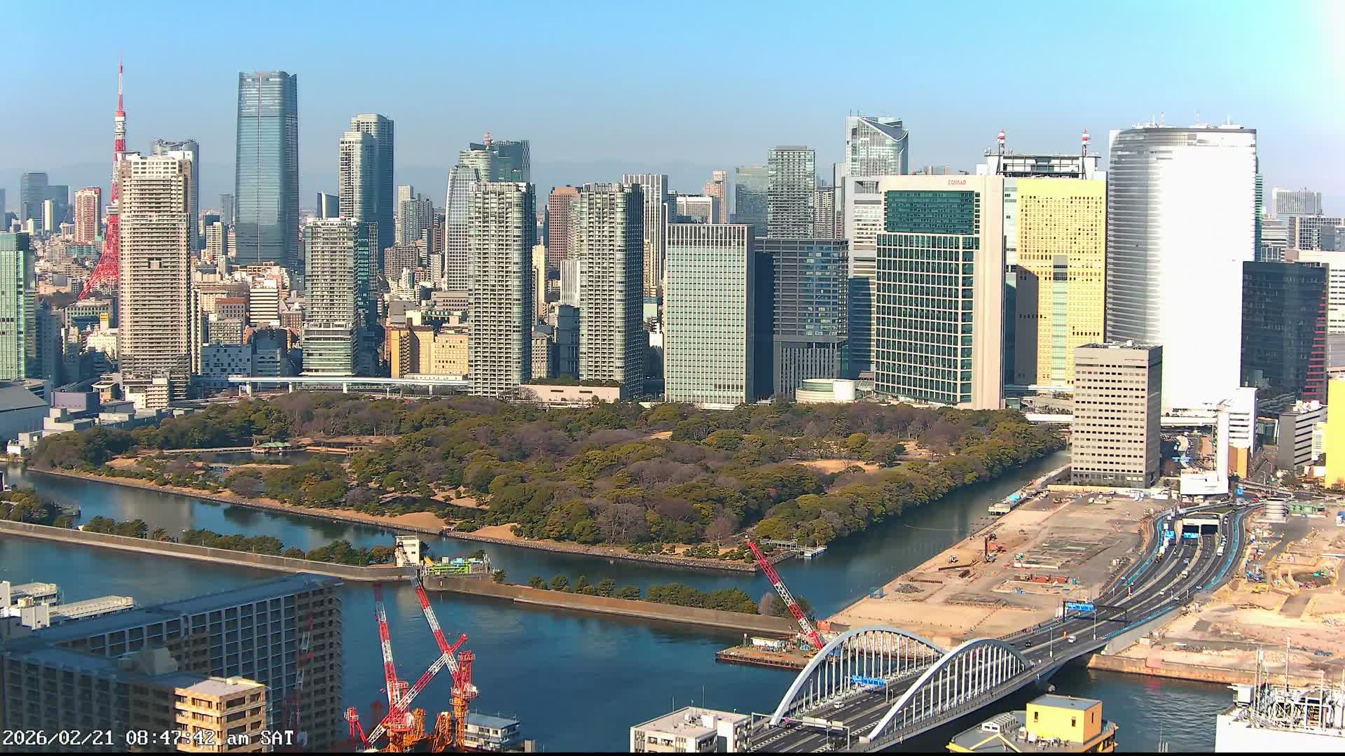 Tokyo, Tokyo Tower / Hama-rikyu Gardens & Minato Skyline View from Kachidoki ( 東京、東京タワー/浜離宮恩賜庭園と勝どきからの港スカイラインの眺め ) Live Cam- 5 Chome, Kachidoki, Chuo ku, Tokyo, Kantō, Honshu, Japan