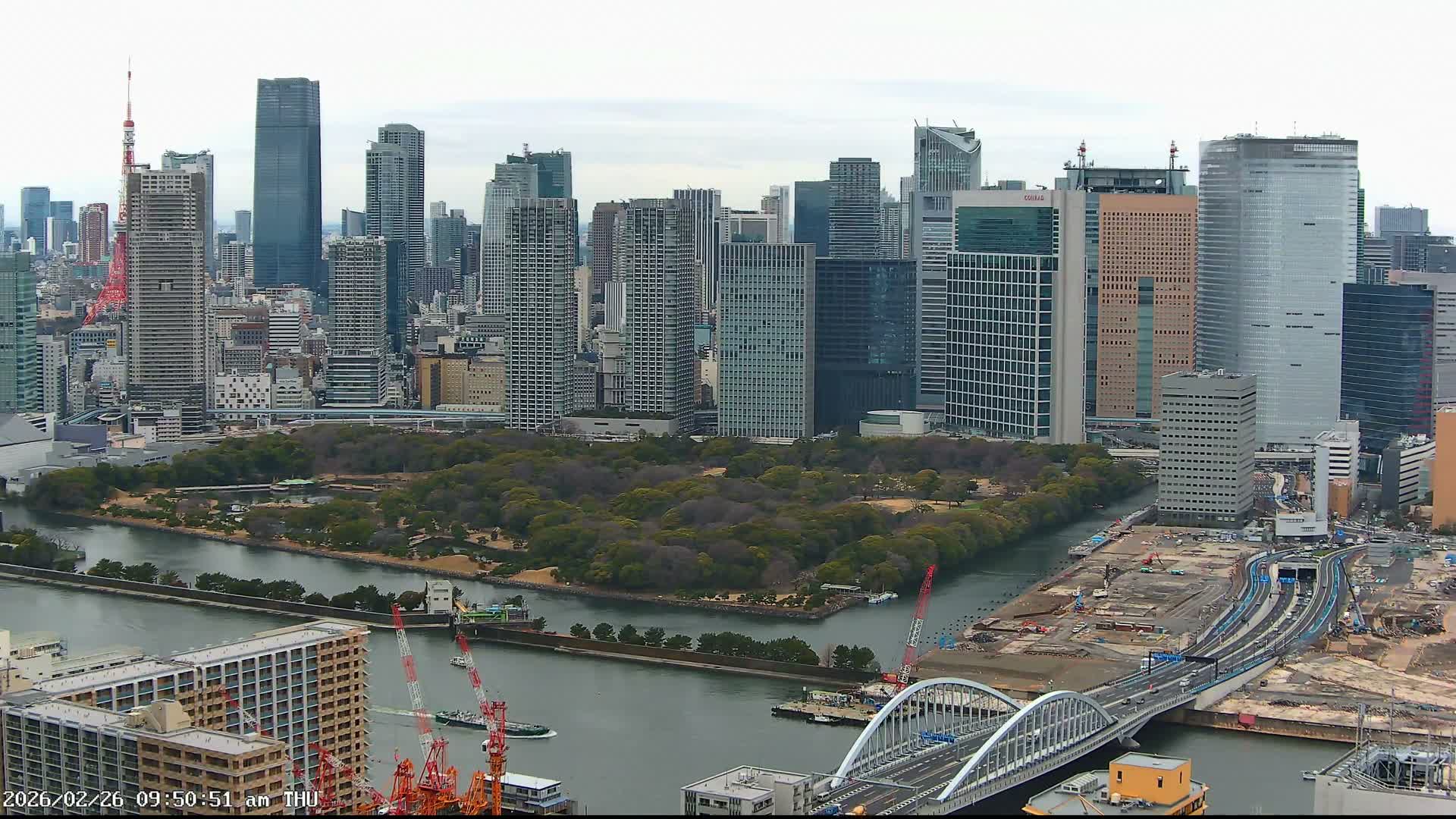 Tokyo, Tokyo Tower / Hama-rikyu Gardens & Minato Skyline View from Kachidoki ( 東京、東京タワー/浜離宮恩賜庭園と勝どきからの港スカイラインの眺め ) Live Cam- 5 Chome, Kachidoki, Chuo ku, Tokyo, Kantō, Honshu, Japan