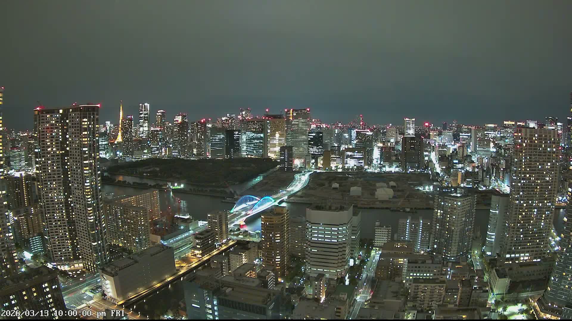 Tokyo, Tokyo Tower / Hama-rikyu Gardens & Minato Skyline View from Kachidoki ( 東京、東京タワー/浜離宮恩賜庭園と勝どきからの港スカイラインの眺め ) Live Cam- 5 Chome, Kachidoki, Chuo ku, Tokyo, Kantō, Honshu, Japan