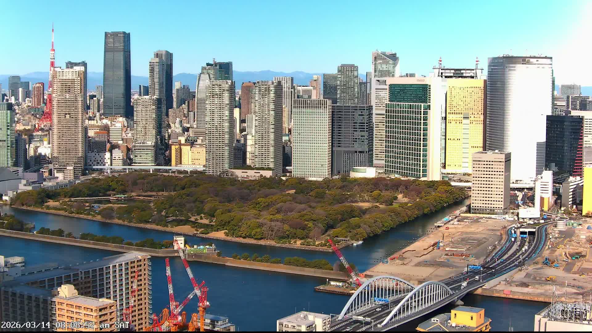 Tokyo, Tokyo Tower / Hama-rikyu Gardens & Minato Skyline View from Kachidoki ( 東京、東京タワー/浜離宮恩賜庭園と勝どきからの港スカイラインの眺め ) Live Cam- 5 Chome, Kachidoki, Chuo ku, Tokyo, Kantō, Honshu, Japan