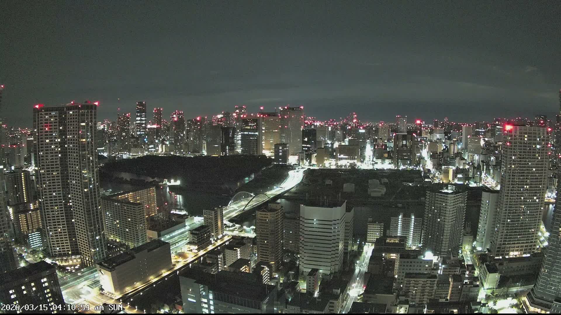 Tokyo, Tokyo Tower / Hama-rikyu Gardens & Minato Skyline View from Kachidoki ( 東京、東京タワー/浜離宮恩賜庭園と勝どきからの港スカイラインの眺め ) Live Cam- 5 Chome, Kachidoki, Chuo ku, Tokyo, Kantō, Honshu, Japan