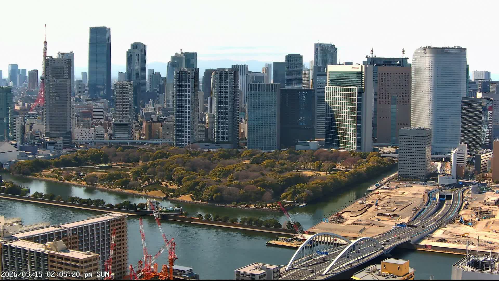 Tokyo, Tokyo Tower / Hama-rikyu Gardens & Minato Skyline View from Kachidoki ( 東京、東京タワー/浜離宮恩賜庭園と勝どきからの港スカイラインの眺め ) Live Cam- 5 Chome, Kachidoki, Chuo ku, Tokyo, Kantō, Honshu, Japan