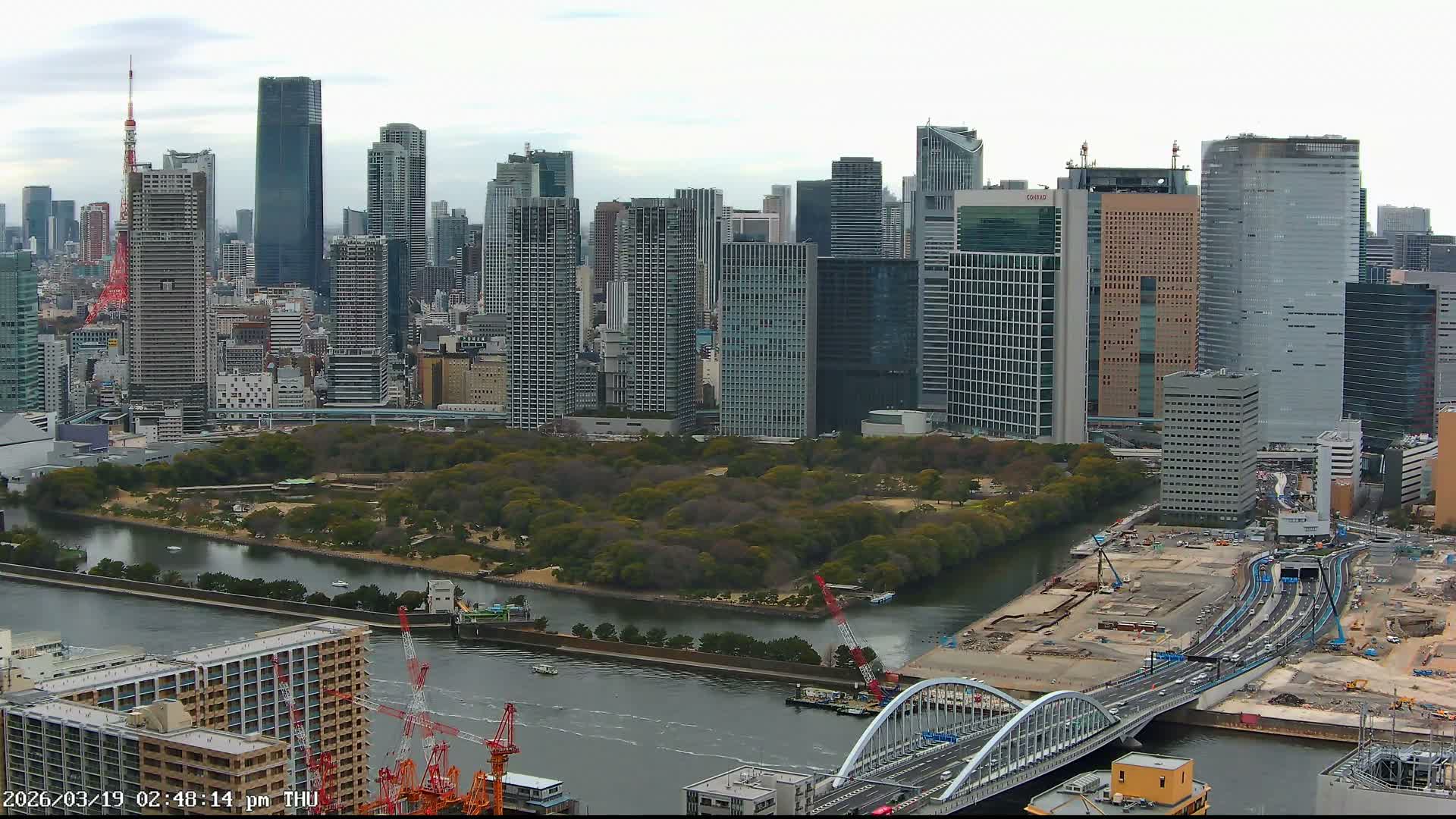 Tokyo, Tokyo Tower / Hama-rikyu Gardens & Minato Skyline View from Kachidoki ( 東京、東京タワー/浜離宮恩賜庭園と勝どきからの港スカイラインの眺め ) Live Cam- 5 Chome, Kachidoki, Chuo ku, Tokyo, Kantō, Honshu, Japan