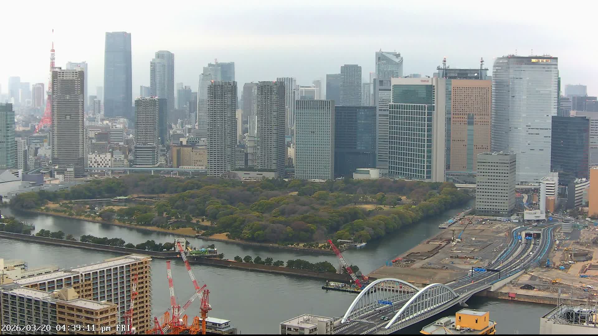 Tokyo, Tokyo Tower / Hama-rikyu Gardens & Minato Skyline View from Kachidoki ( 東京、東京タワー/浜離宮恩賜庭園と勝どきからの港スカイラインの眺め ) Live Cam- 5 Chome, Kachidoki, Chuo ku, Tokyo, Kantō, Honshu, Japan