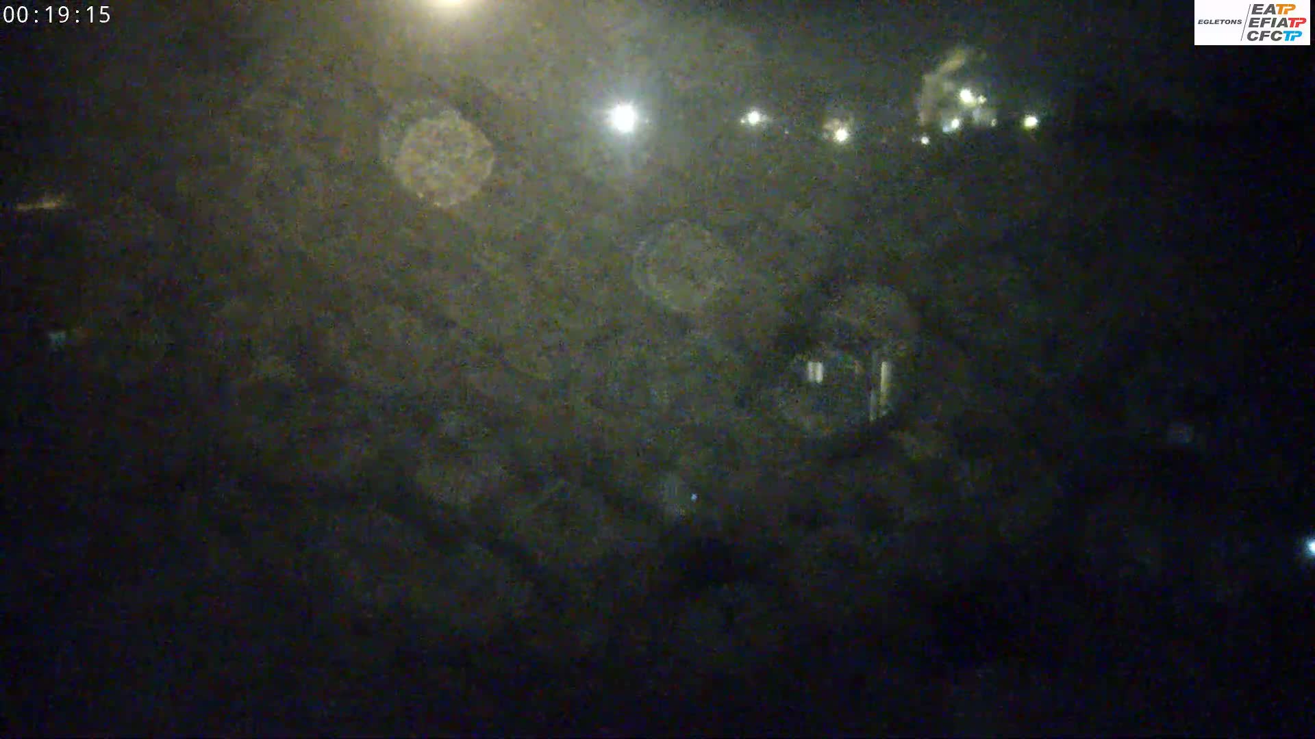 A nighttime, blurry, overhead view shows a dark landscape with a few distant lights.
