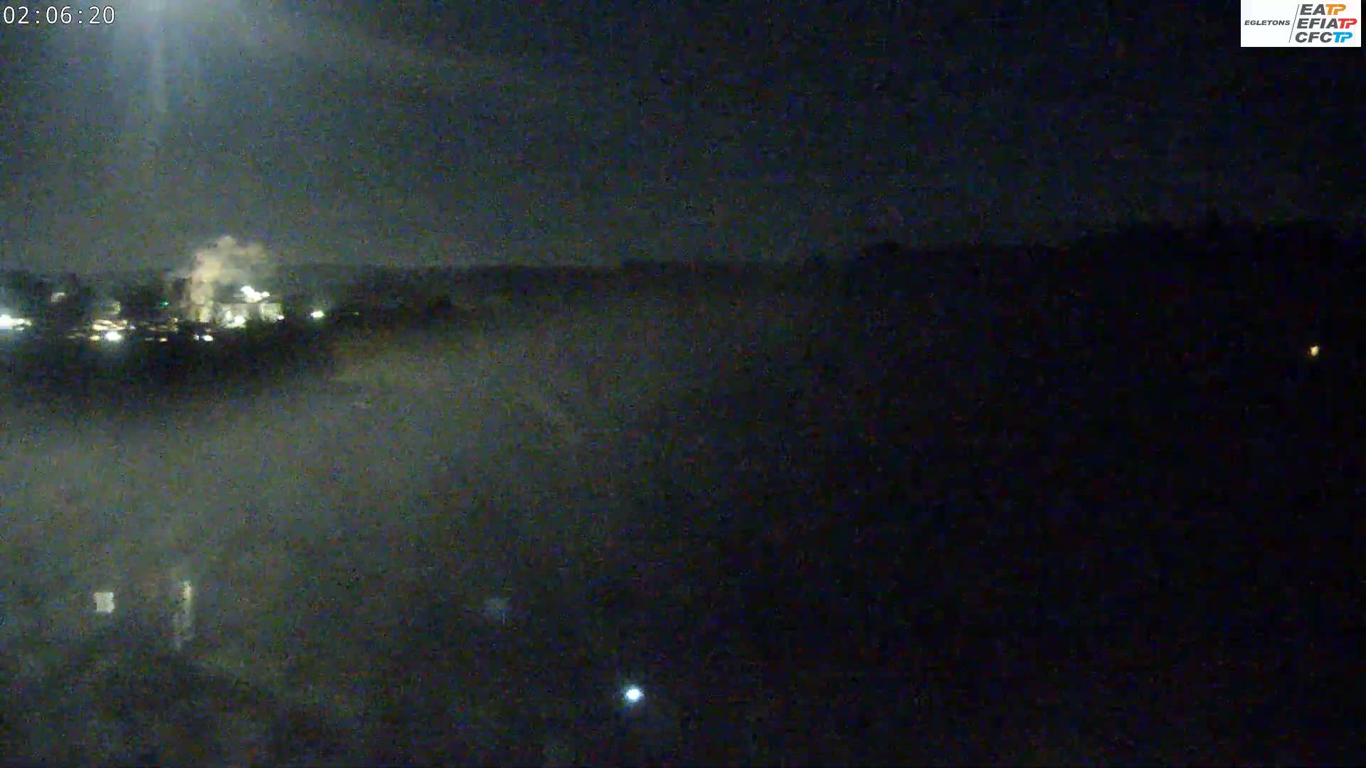A nighttime long shot shows a hazy, dark landscape with a distant industrial area emitting smoke under a dark sky.