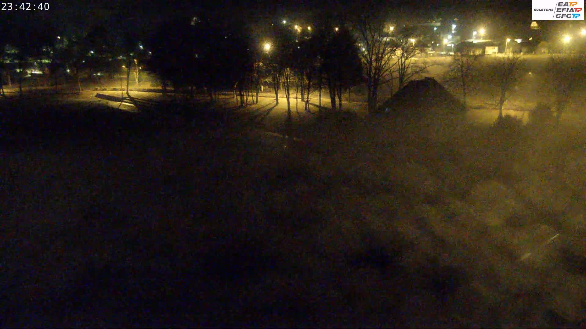 A nighttime, snow-covered park is dimly lit by streetlights, with bare trees casting shadows on the ground.