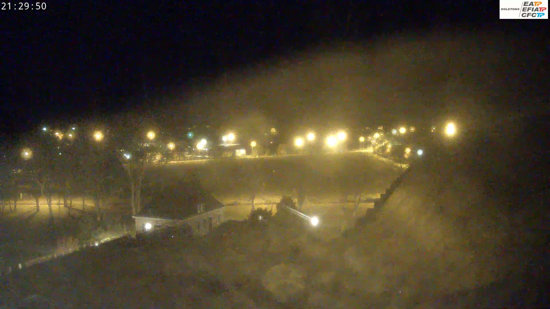 A hazy, nighttime view of a park-like area with a building and streetlights, possibly in snowy or foggy conditions.