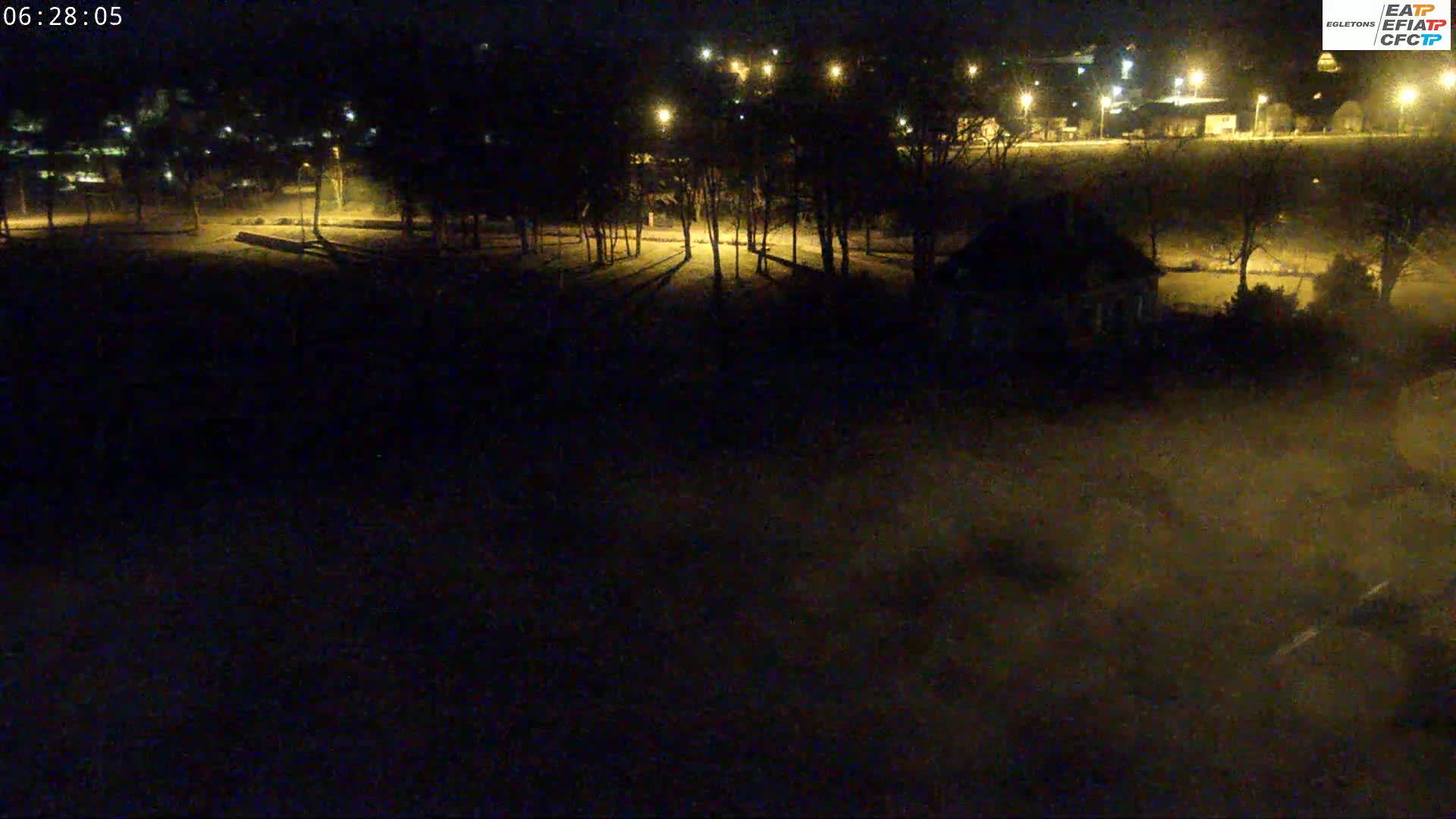 A nighttime, snow-covered field is sparsely lit by streetlights illuminating bare trees and buildings in the distance.