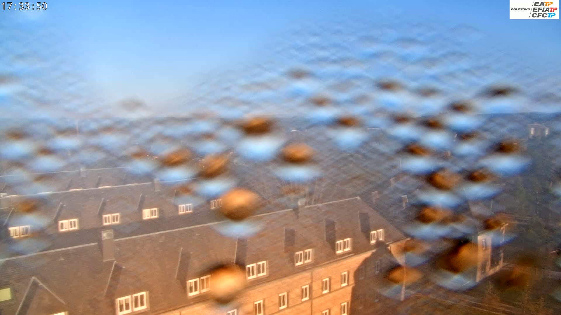 A blurry view of a city's rooftops under a clear, bright sky, seen through a rain-covered window.