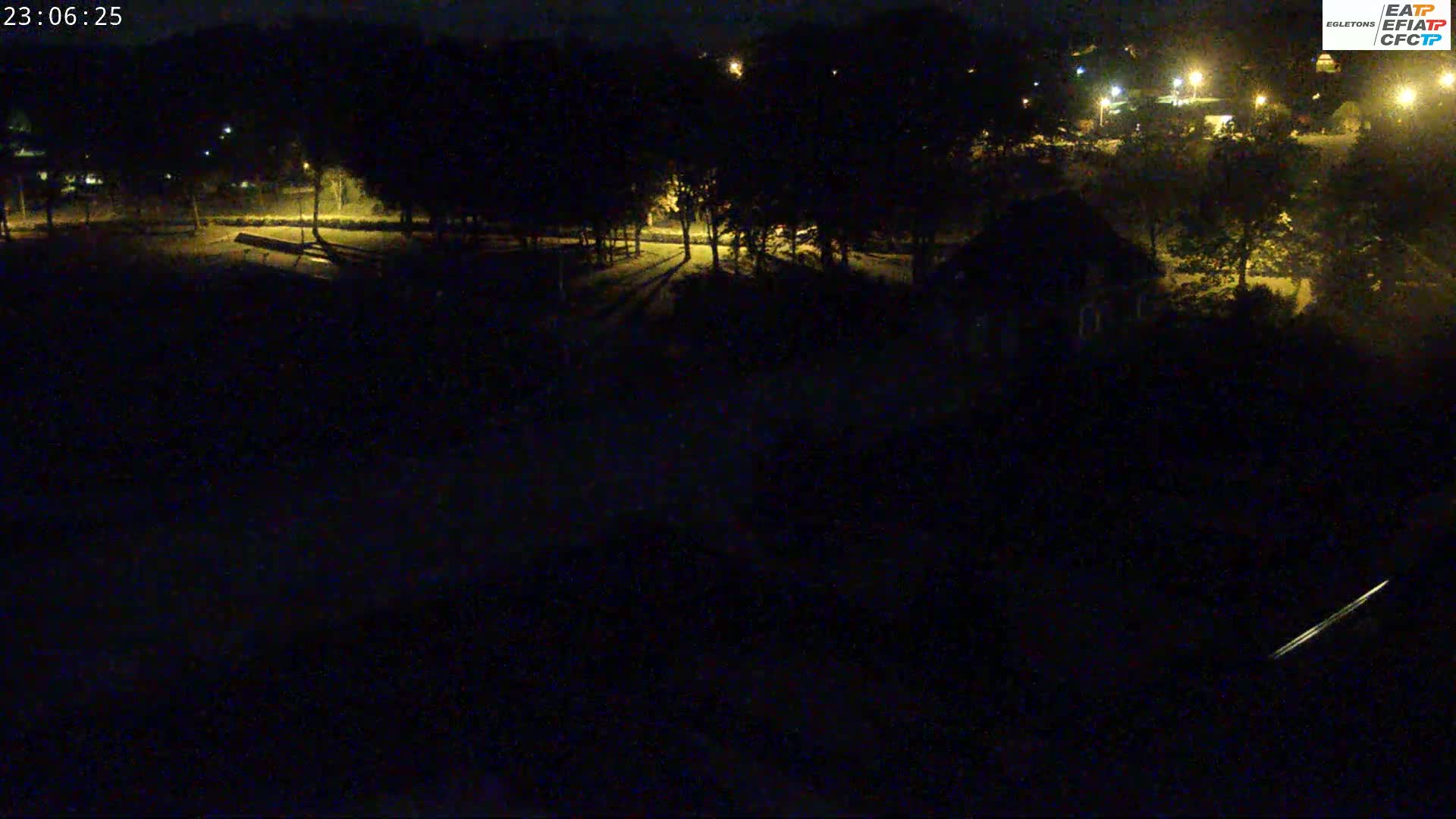 A nighttime, dimly lit view of a park-like area with trees and faint lights in the distance.