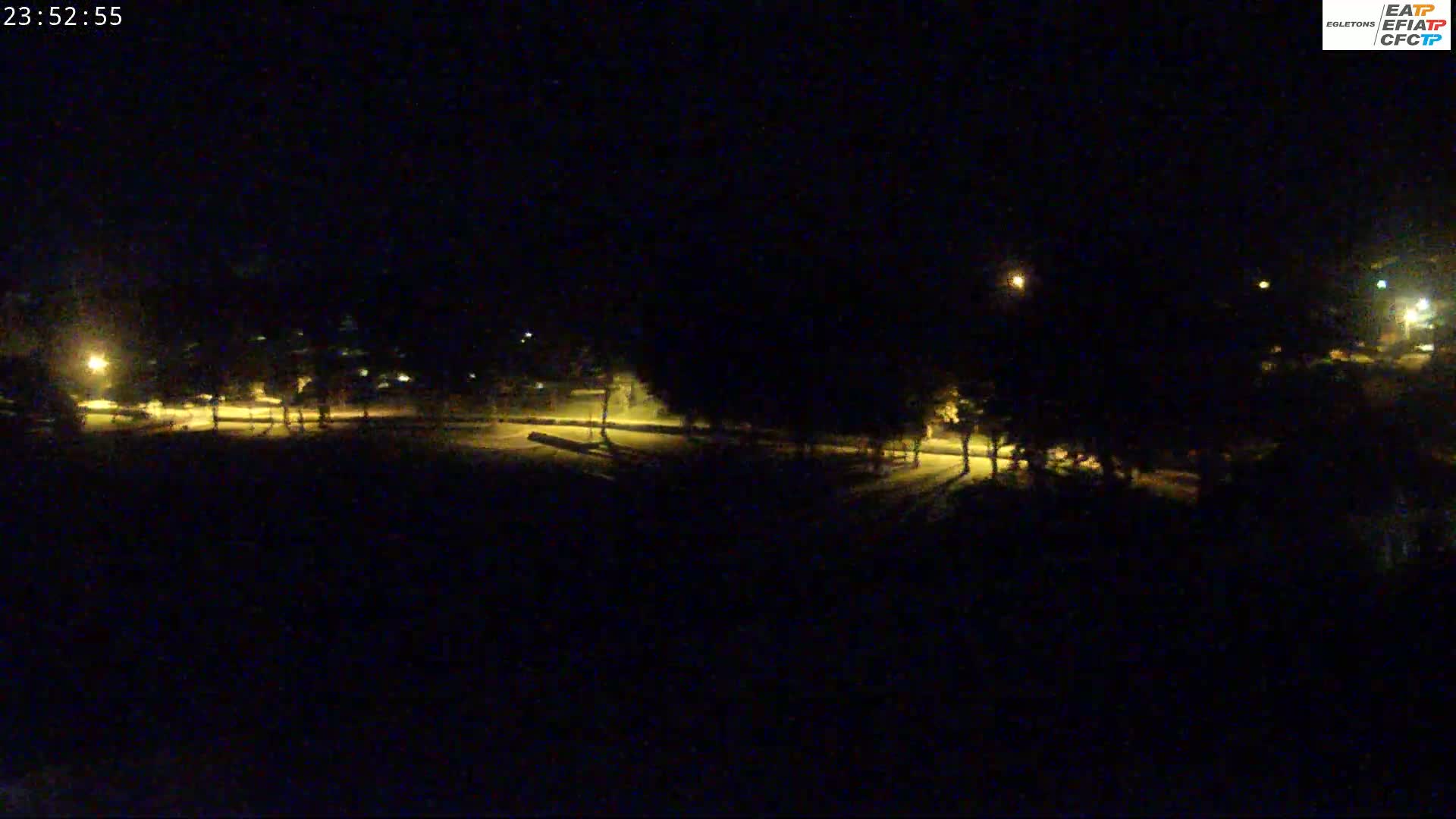 A nighttime view of a dimly lit park with trees and pathways.