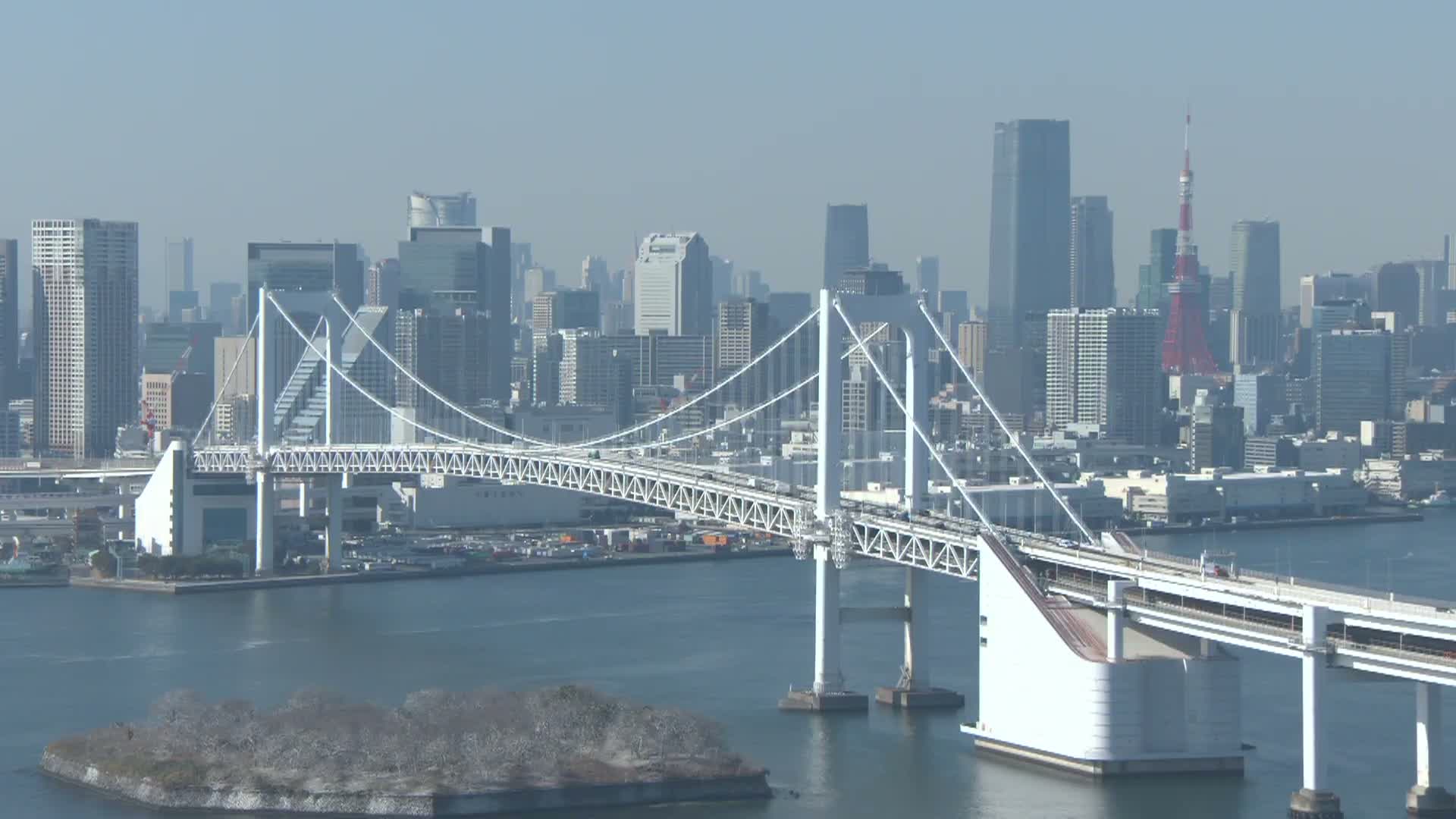 Tokyo PTZ Skyline , Tokyo Bay & Rainbow Bridge Daiba Entrance ( 東京PTZスカイライン、東京湾＆レインボーブリッジ台場入口 )  Live Cam - 2 Chome, Daiba, Odaiba, Minato-ku, Tokyo, Kantō, Honshu, Japan