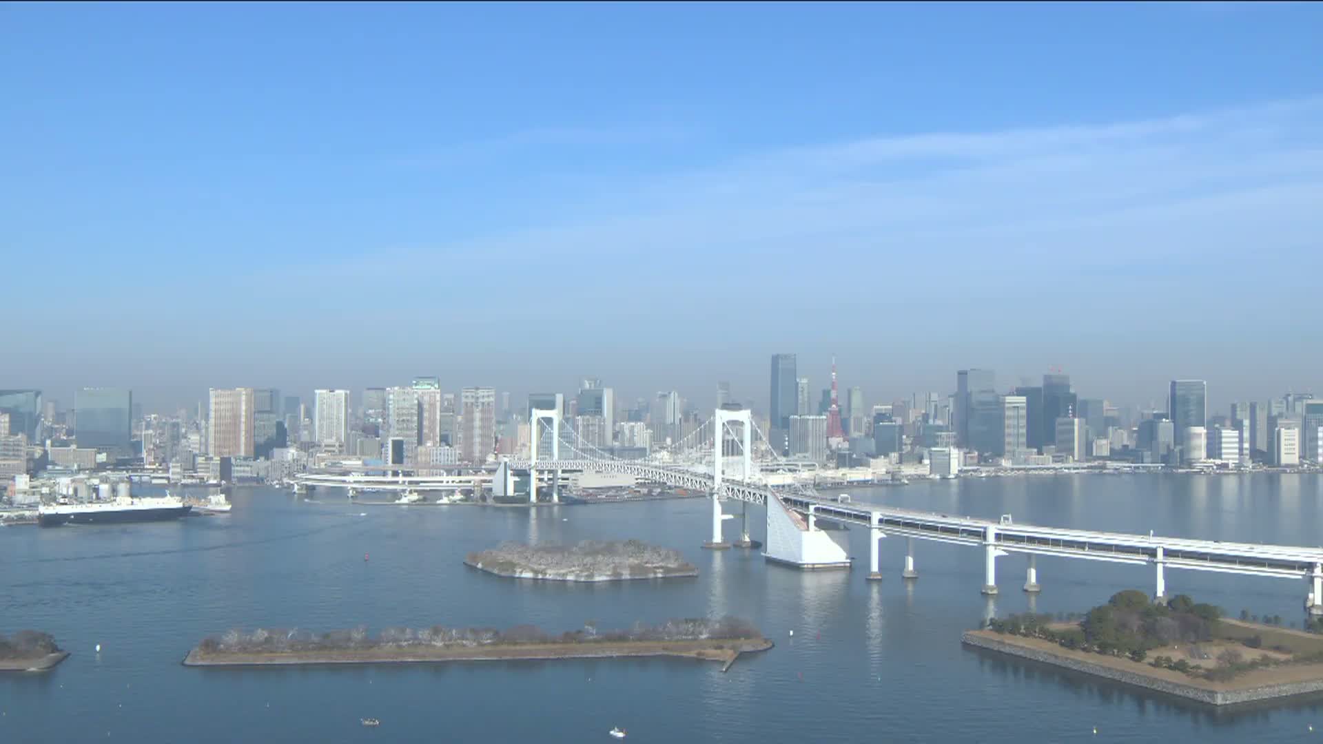 Tokyo PTZ Skyline , Tokyo Bay & Rainbow Bridge Daiba Entrance ( 東京PTZスカイライン、東京湾＆レインボーブリッジ台場入口 )  Live Cam - 2 Chome, Daiba, Odaiba, Minato-ku, Tokyo, Kantō, Honshu, Japan