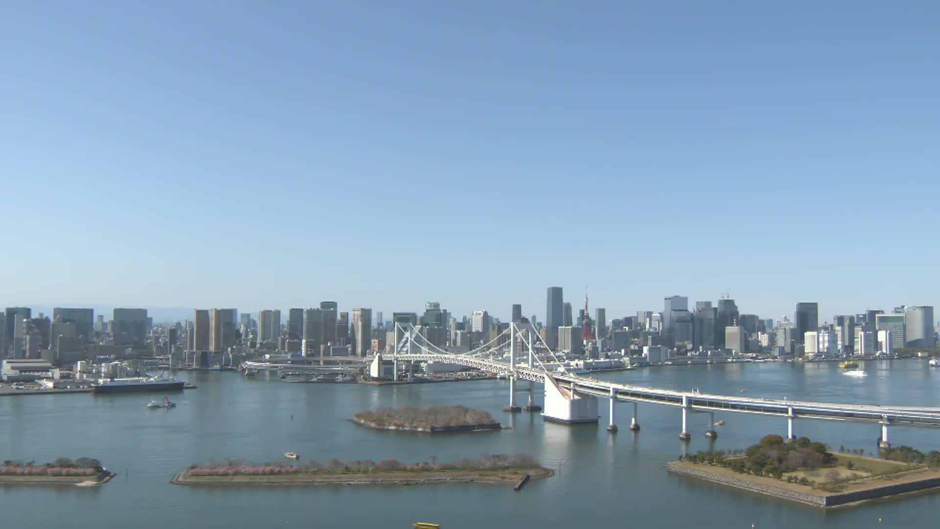 Tokyo PTZ Skyline , Tokyo Bay & Rainbow Bridge Daiba Entrance ( 東京PTZスカイライン、東京湾＆レインボーブリッジ台場入口 )  Live Cam - 2 Chome, Daiba, Odaiba, Minato-ku, Tokyo, Kantō, Honshu, Japan