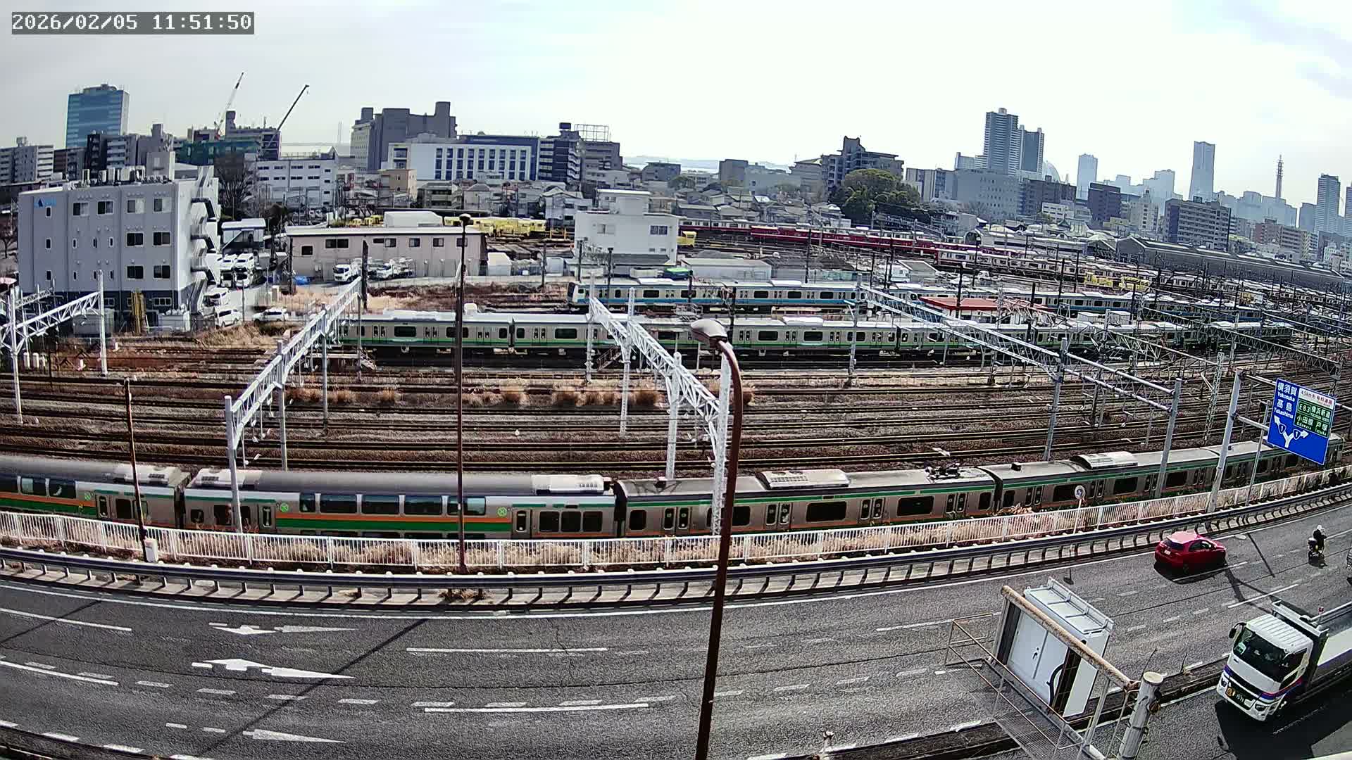 Kanagawa, Yokohama Higashi-Kanagawa Train Vehicle Center & Yokohama Downtown View ( 神奈川・横浜 東神奈川車両センター＆横浜ダウンタウンビュ ) Live Cam -  Tatemachi, Kanagawa-ku, Yokohama, Kanagawa, Kanto, Honshu, Japan