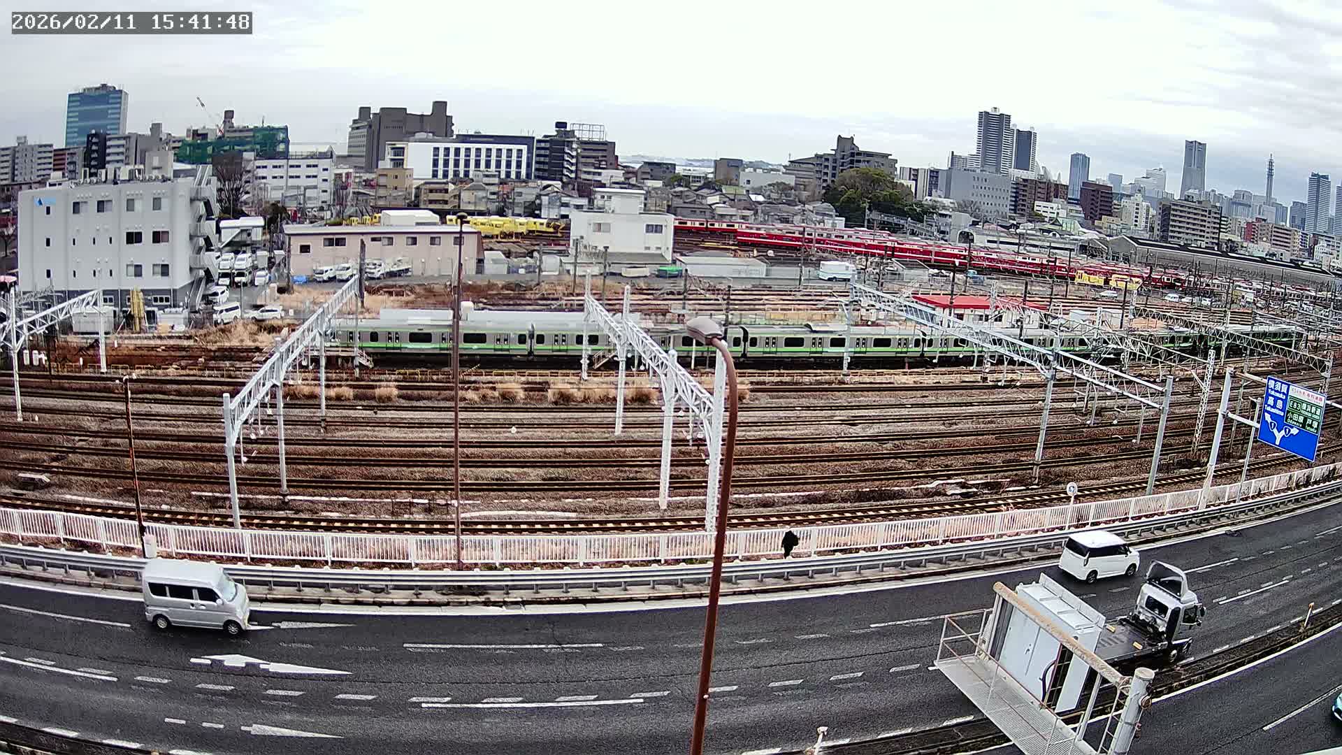 Kanagawa, Yokohama Higashi-Kanagawa Train Vehicle Center & Yokohama Downtown View ( 神奈川・横浜 東神奈川車両センター＆横浜ダウンタウンビュ ) Live Cam -  Tatemachi, Kanagawa-ku, Yokohama, Kanagawa, Kanto, Honshu, Japan