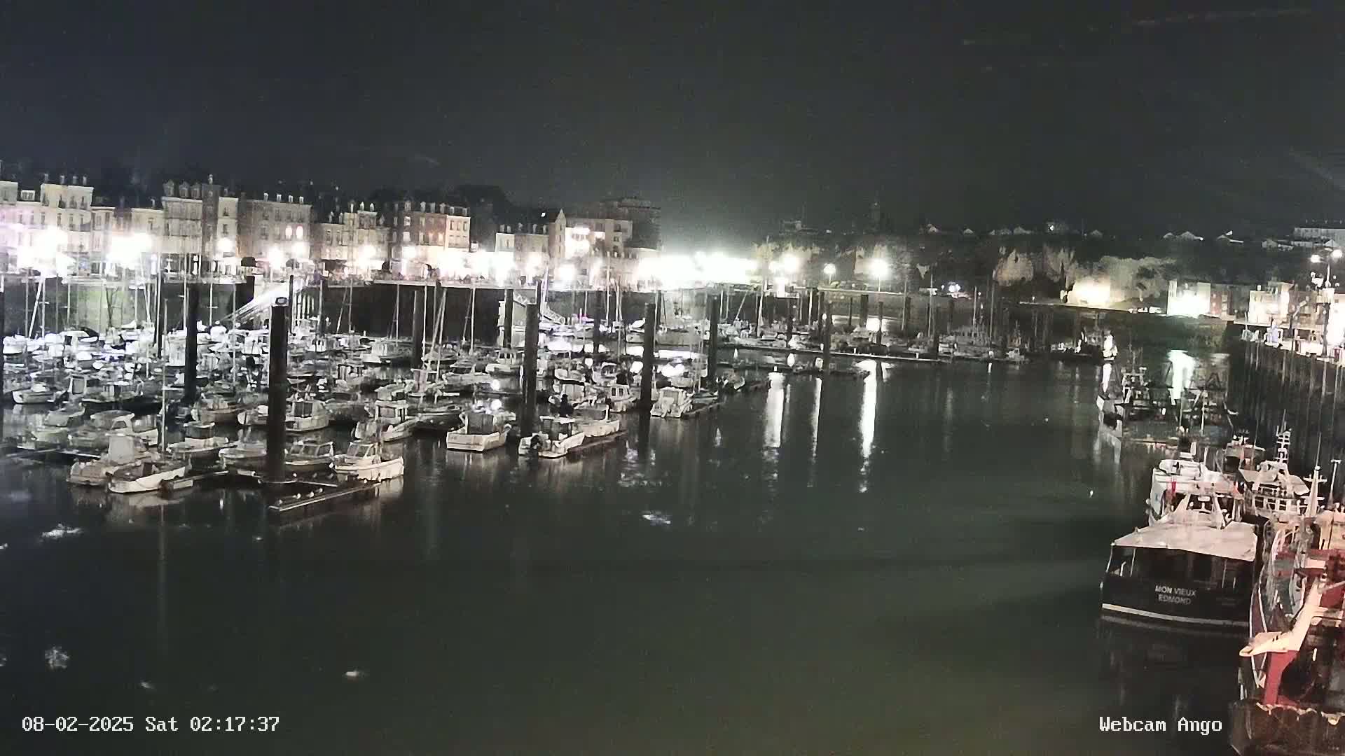 A nighttime view of a harbor filled with numerous boats moored at docks, illuminated by lights along a waterfront building.