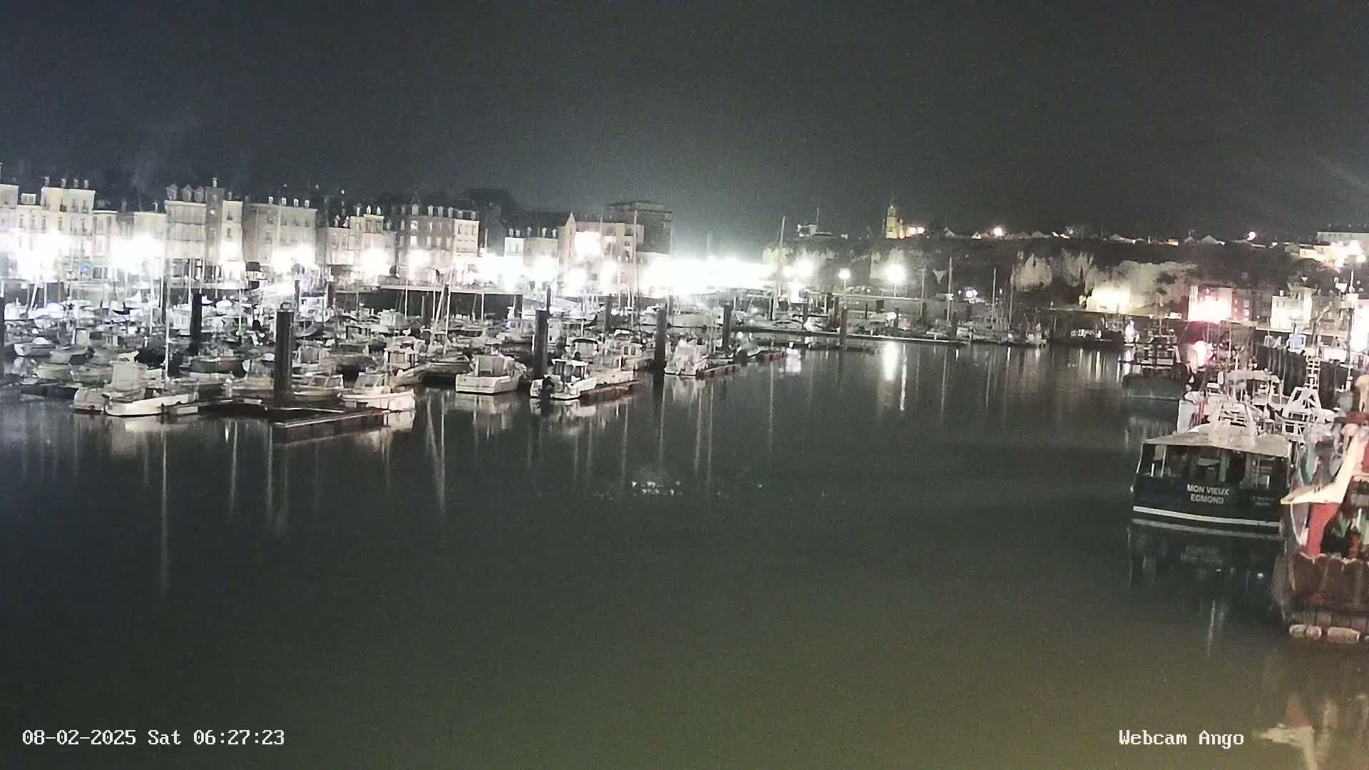 A nighttime view of a harbor filled with numerous boats moored alongside a waterfront of buildings, under a dark sky.