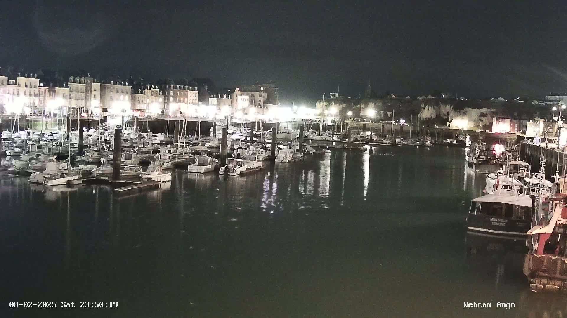 A nighttime view of a harbor filled with numerous boats docked alongside a waterfront of buildings, under a dark sky.