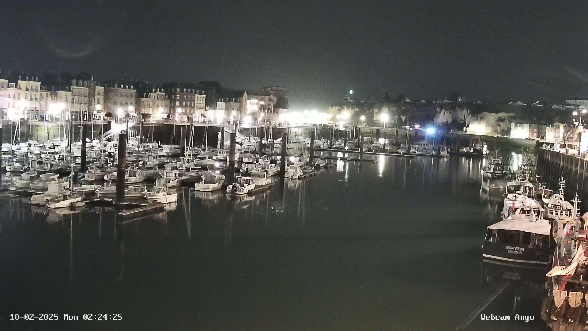 A nighttime view of a harbor filled with numerous boats docked alongside a waterfront lined with buildings.