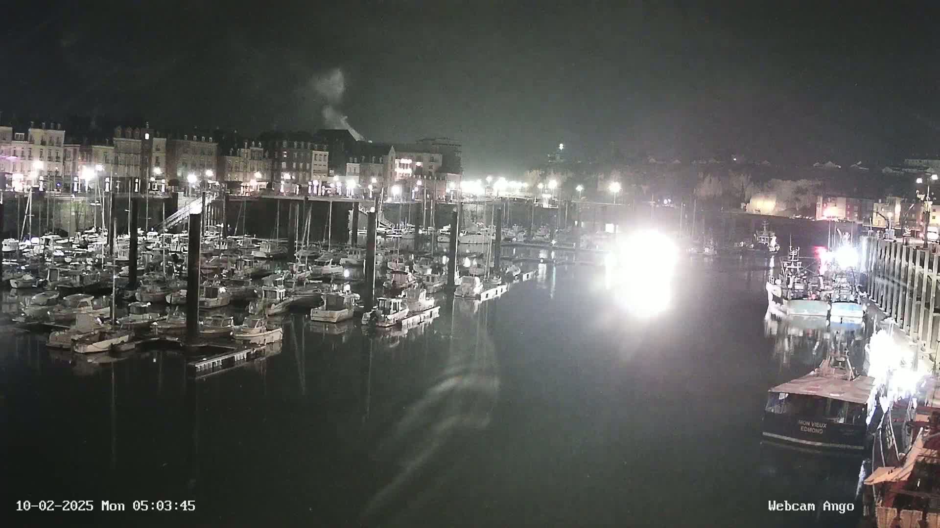 A nighttime view of a harbor filled with numerous boats moored along a waterfront lined with buildings under a dark, slightly hazy sky.