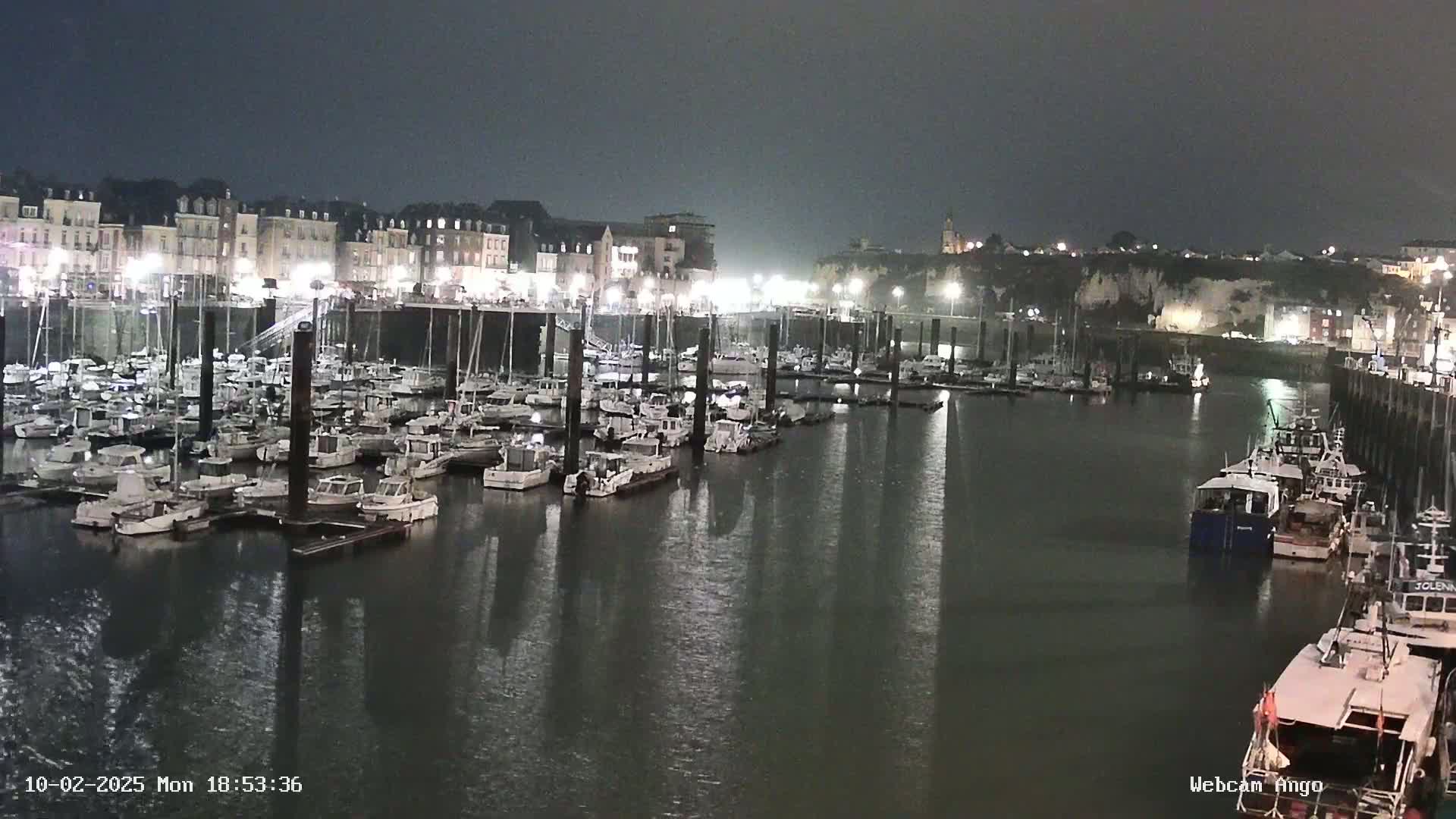 A nighttime harbor scene shows numerous boats docked along a waterfront lined with buildings under a dark sky.