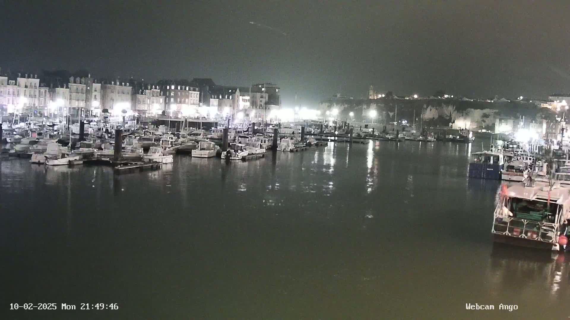 A nighttime harbor filled with numerous boats is illuminated by lights along the waterfront buildings under a dark, possibly rainy sky.
