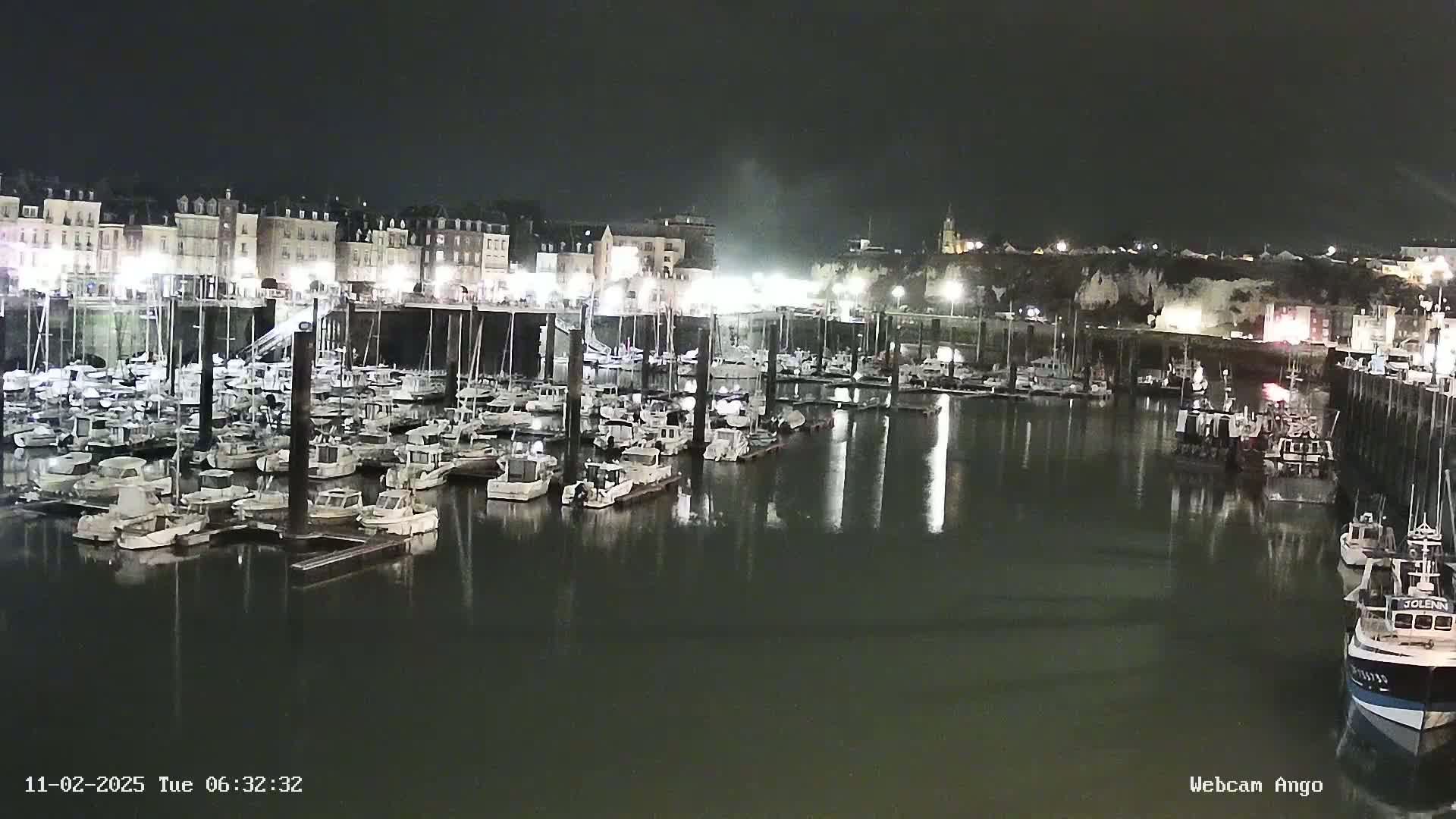 A nighttime view of a harbor filled with numerous boats docked along a waterfront lined with buildings.