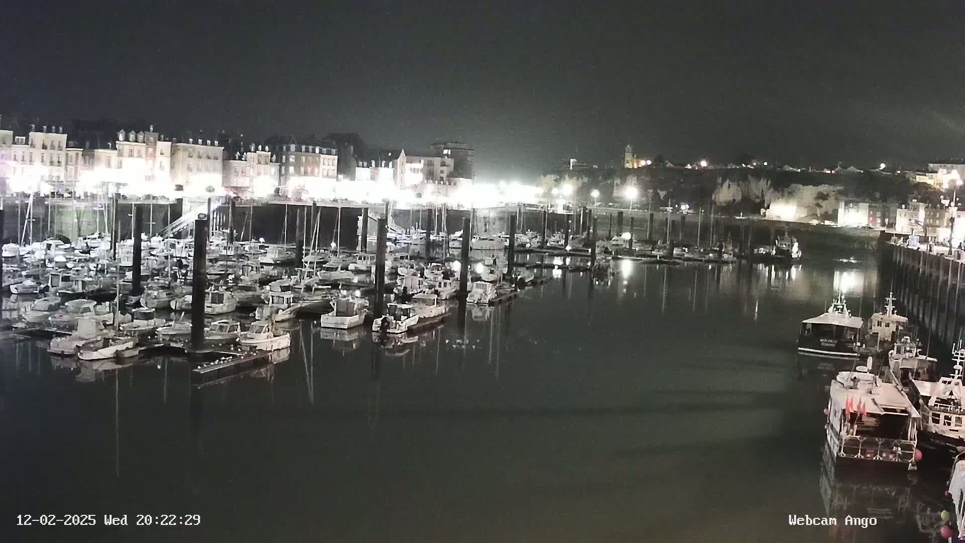 A nighttime view of a marina filled with numerous boats docked alongside a waterfront lined with buildings under partly cloudy skies.