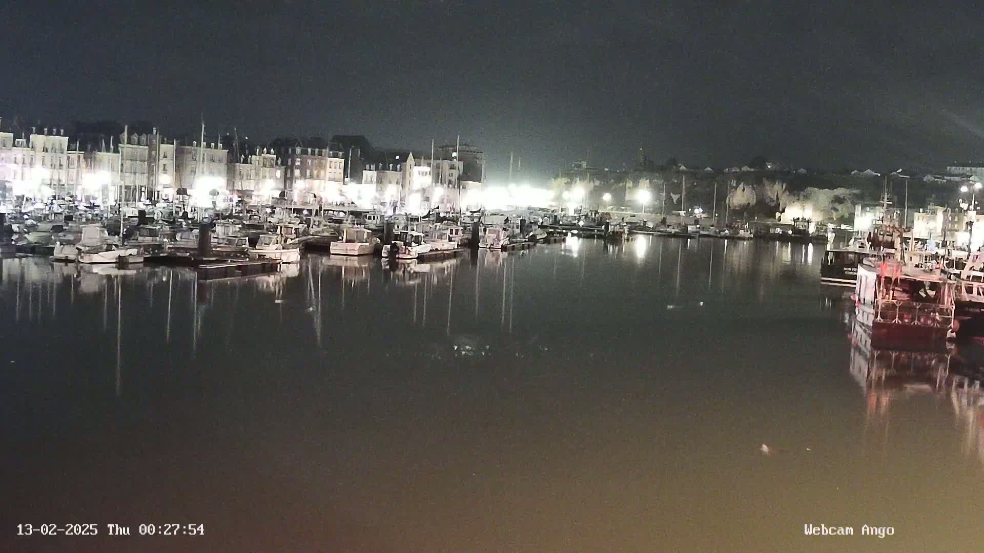 A nighttime harbor scene shows many boats moored along a waterfront lined with buildings under a dark sky.