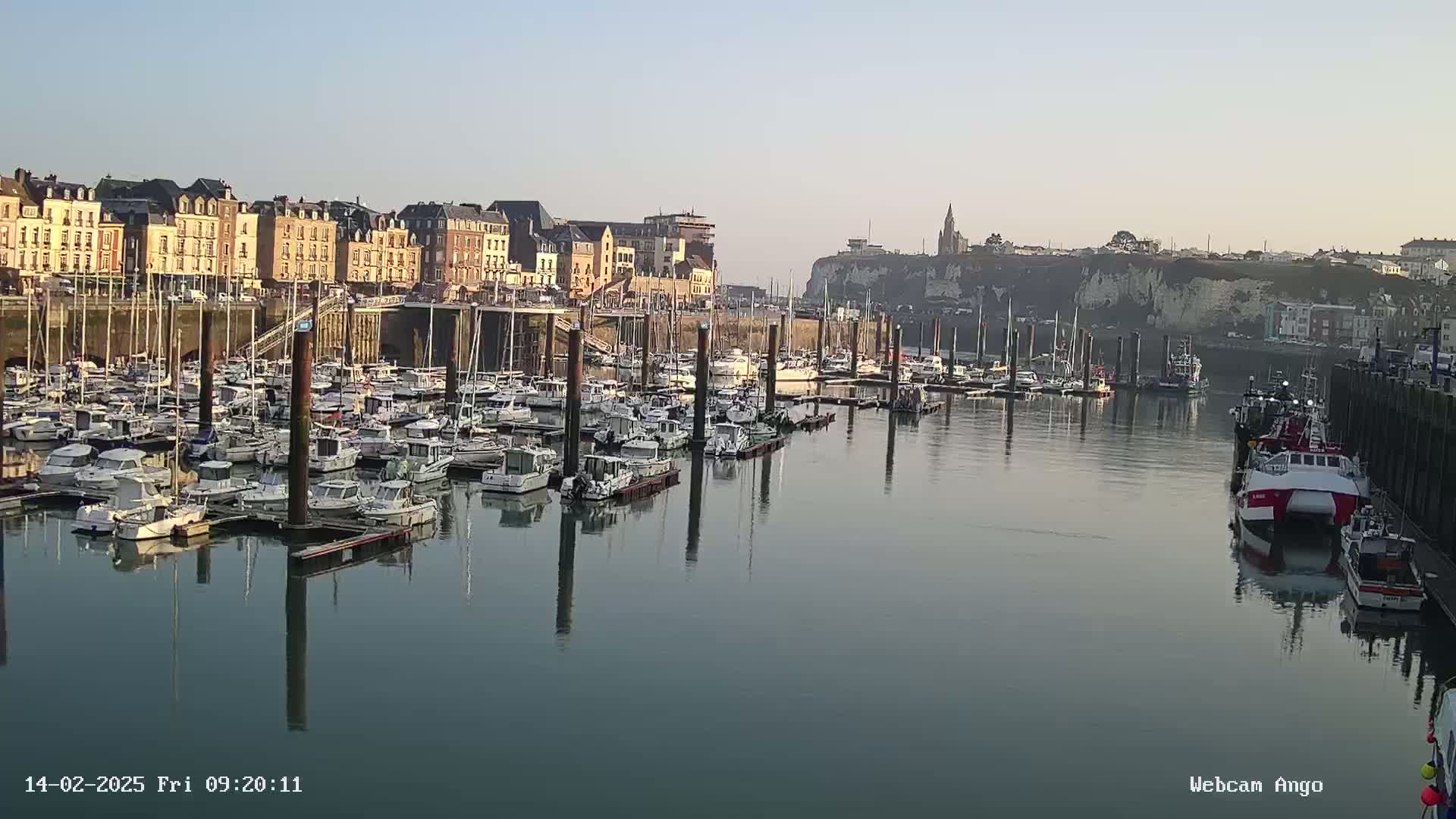 A calm harbor filled with numerous boats is situated in front of a town with multi-story buildings and a cliff in the background under a clear sky.
