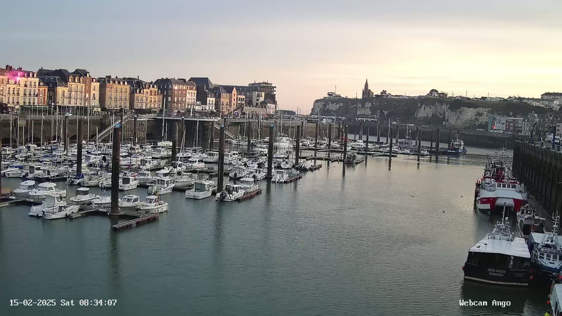 A calm harbor filled with numerous docked sailboats and motorboats sits in front of a town built along a cliffside, under a twilight sky.