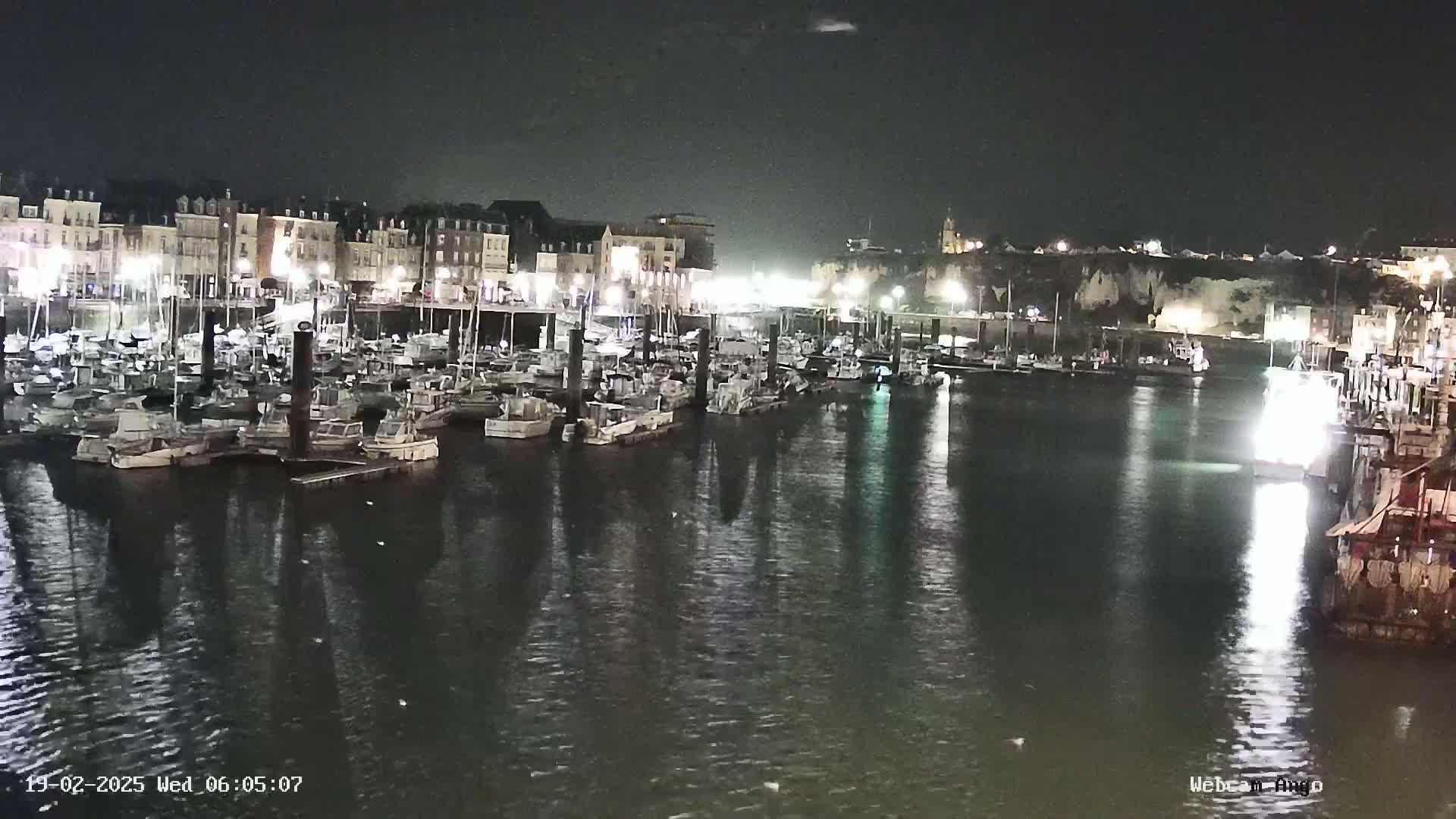 A nighttime view of a harbor filled with numerous boats docked alongside a waterfront lined with buildings.