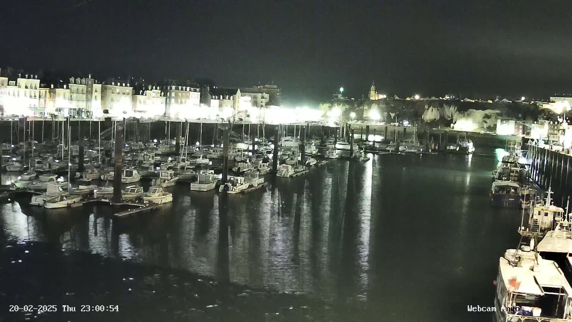A nighttime view of a harbor filled with numerous boats moored alongside a brightly lit waterfront.