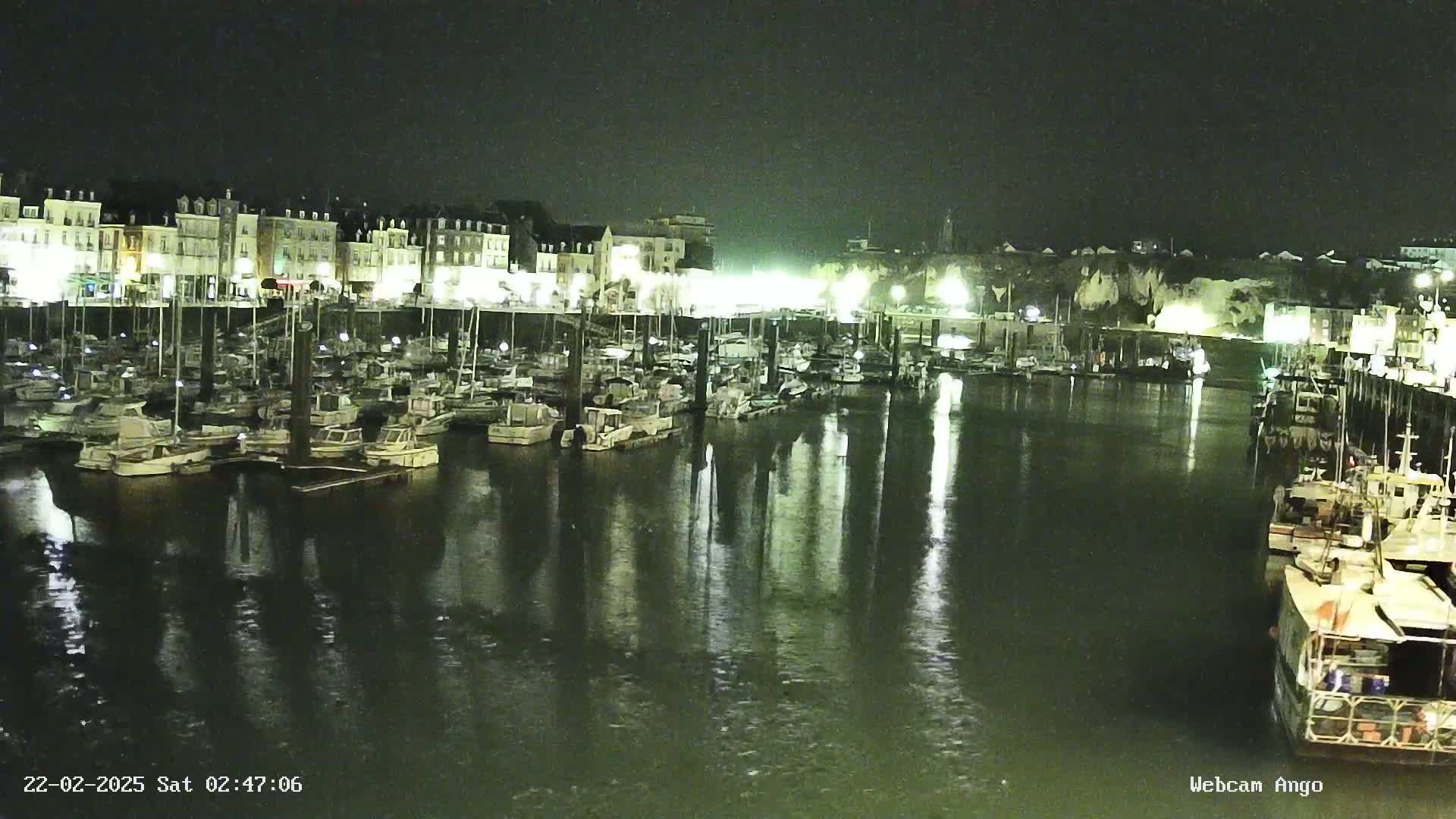 A nighttime view of a harbor filled with docked boats, reflecting the lights of buildings on the shore under a dark, possibly slightly overcast sky.