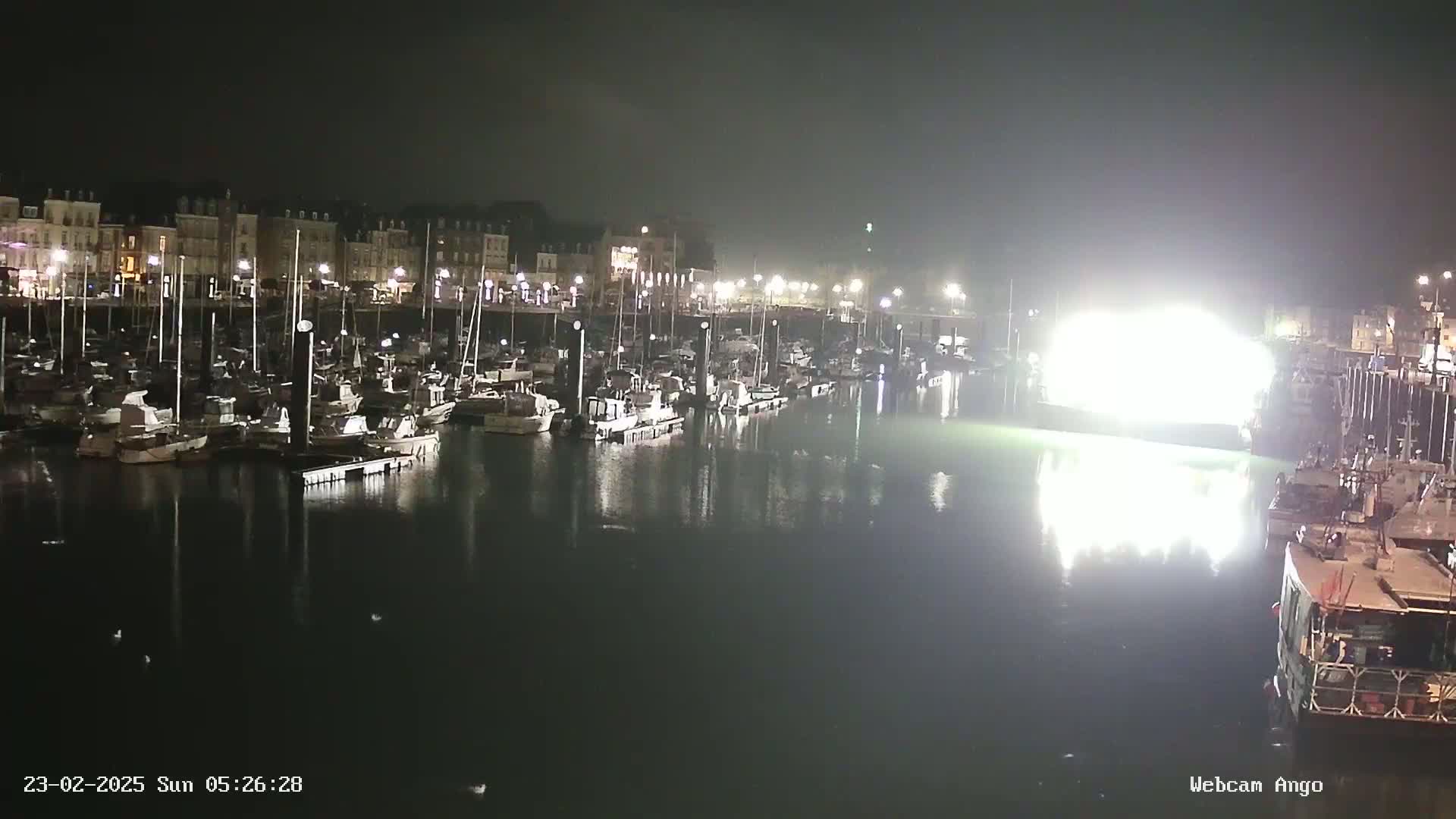 A nighttime harbor scene shows numerous boats moored along a waterfront lined with buildings, illuminated by bright lights reflecting on the calm water.